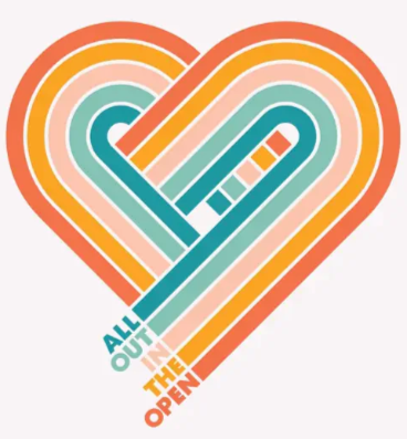 Colorful heart-shaped rainbow with the text 'All Out the Open' inside.