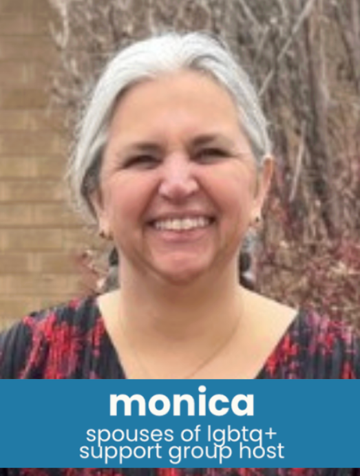 A woman with gray hair smiling outdoors, wearing a black and red patterned top, with a background of trees and a brick wall, and a blue banner at the bottom that says 'monica spouses of labta+ support group host'.