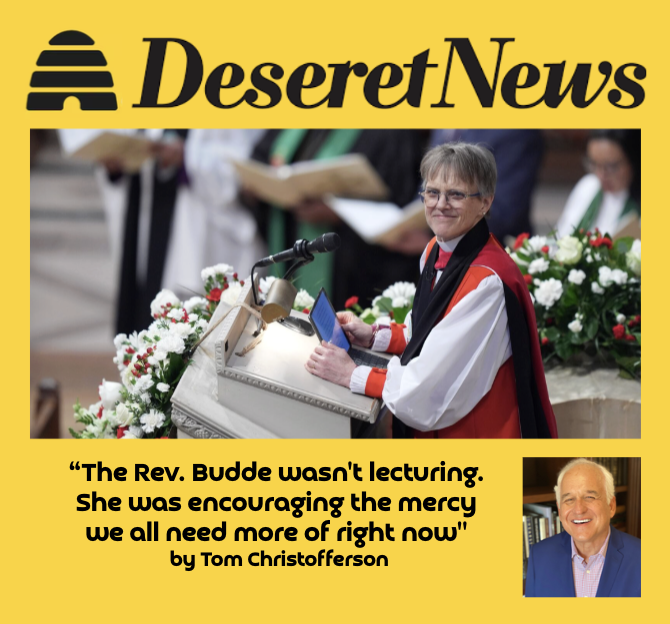 The cover of Desert News with a woman in academic regalia standing at a podium decorated with white and red flowers, smiling. In the background, people dressed in robes are holding books. A quote by Tom Christofferson about the Rev. Budde is displayed at the bottom, alongside his photo, on a yellow background.