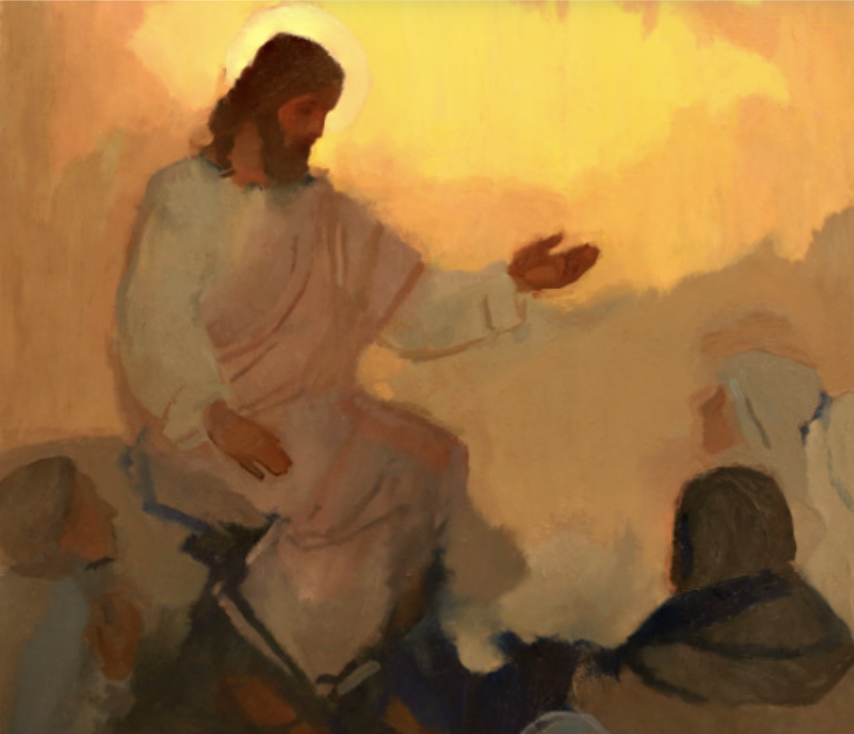 Artistic depiction of Jesus Christ with a glowing halo, seated and holding a small object, surrounded by children and adults.