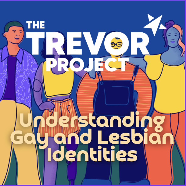 Illustration of diverse LGBTQ+ individuals with the text "The Trevor Project" and "Understanding Gay and Lesbian Identities" in bright colors.