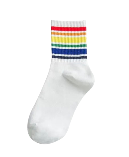 Rainbow Striped Crew Socks White