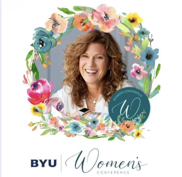 A woman with curly hair smiling, surrounded by colorful flowers forming a circular frame, with BYU Women's Conference logo at the bottom.