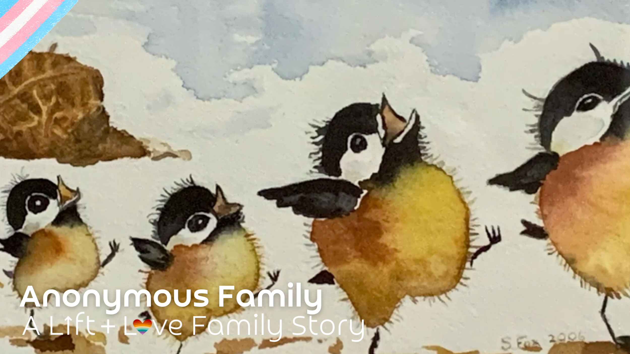 Four illustrated chickadees with black caps and white cheeks, sitting on yellow apples with brown stems, against a sky background with clouds. The scene has a rustic feel, with a piece of bread or cake in the upper left corner.