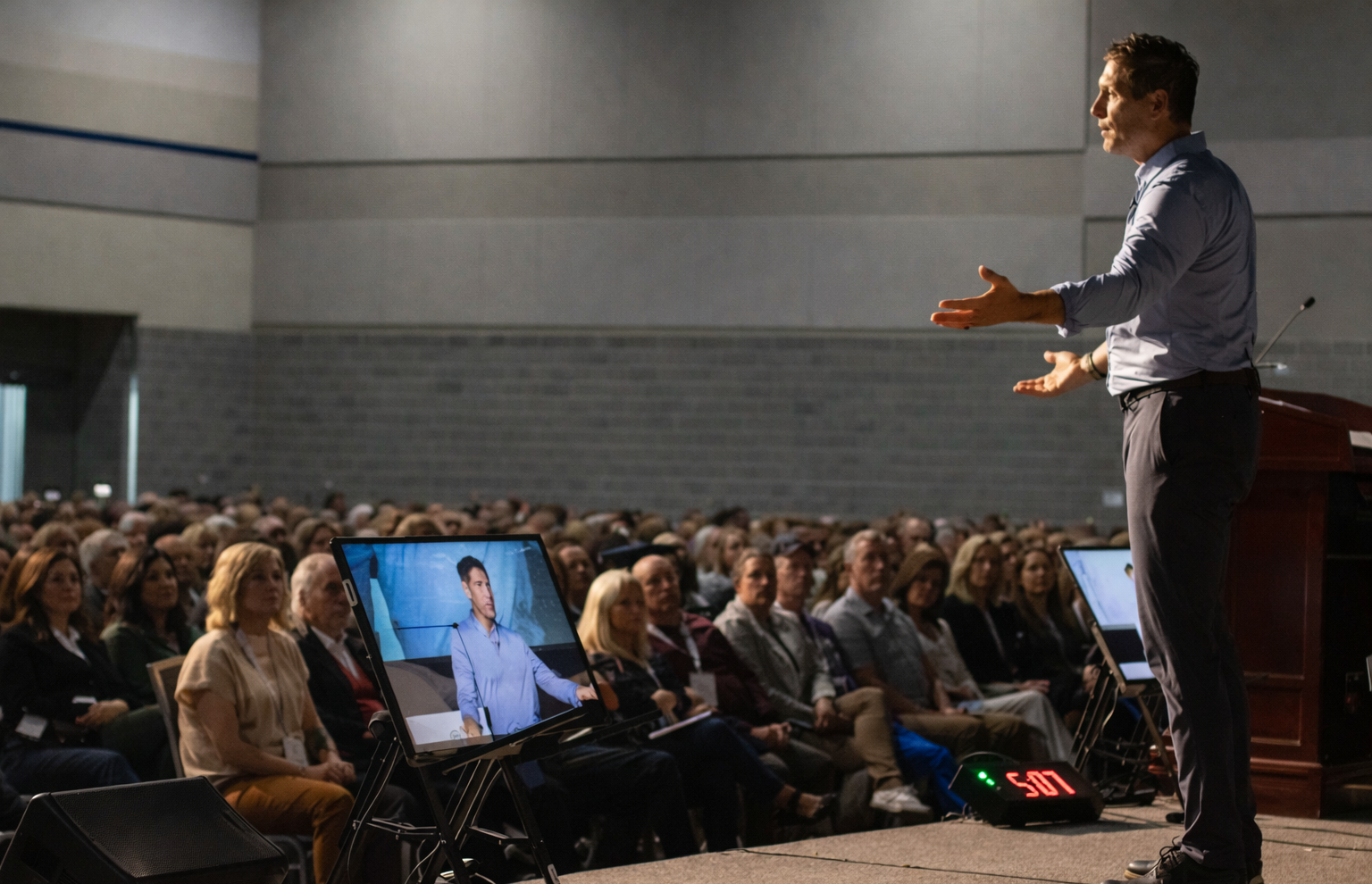 A man speaking at a conference or seminar, standing on stage in front of a large audience. A television screen showing the speaker is visible in the foreground.