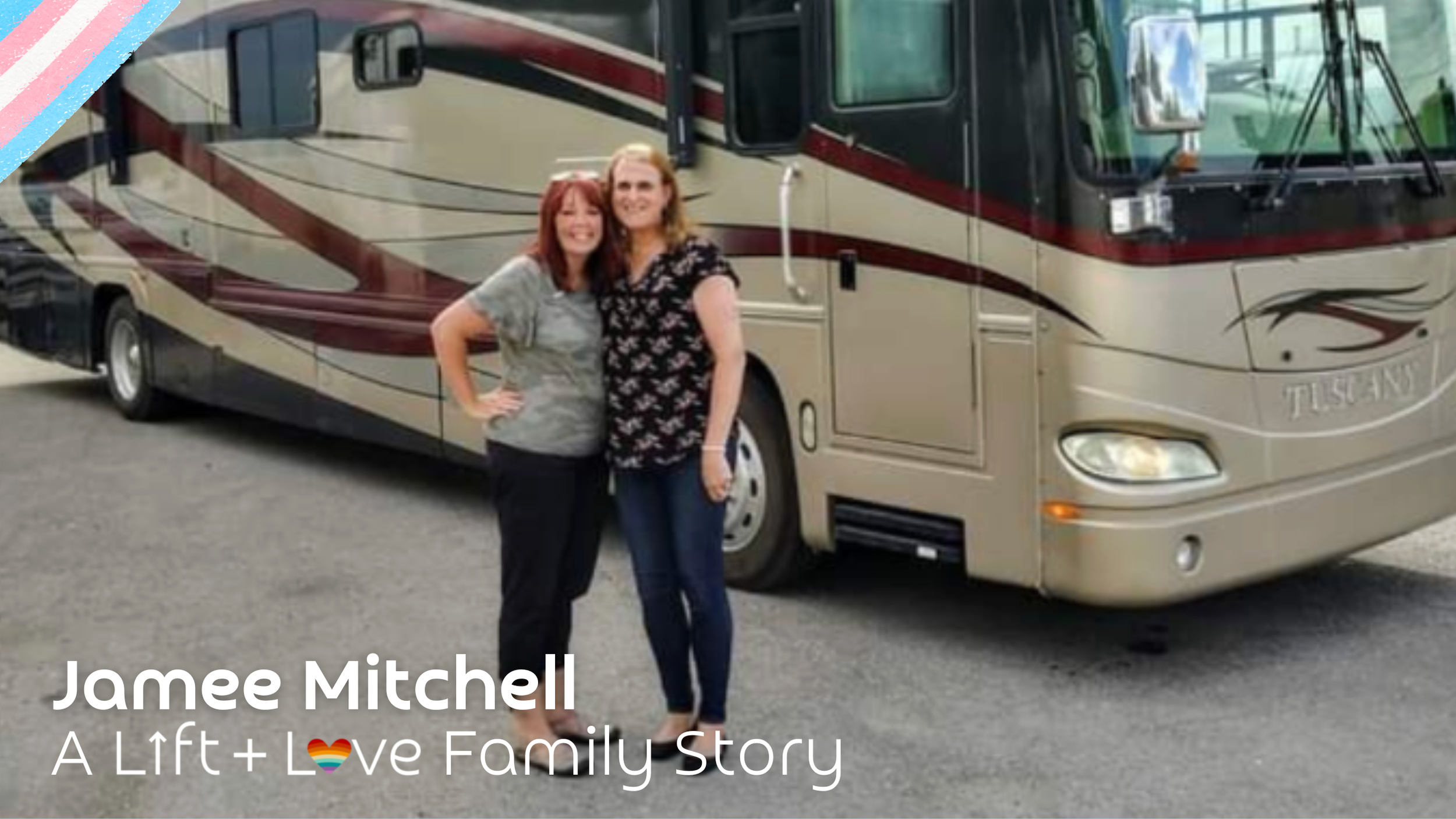 Two women standing next to each other in front of a beige and maroon tour bus, smiling and posing for a photo.