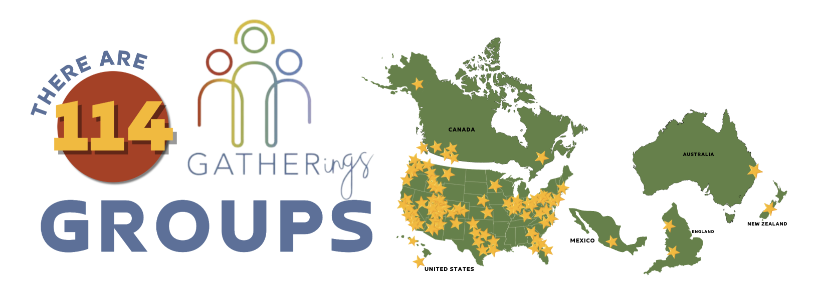 A map of North America with yellow stars indicating locations of 114 gatherings in various countries including the United States, Canada, Mexico, England, Australia, and New Zealand, with the text "There are 114 Gatherings".