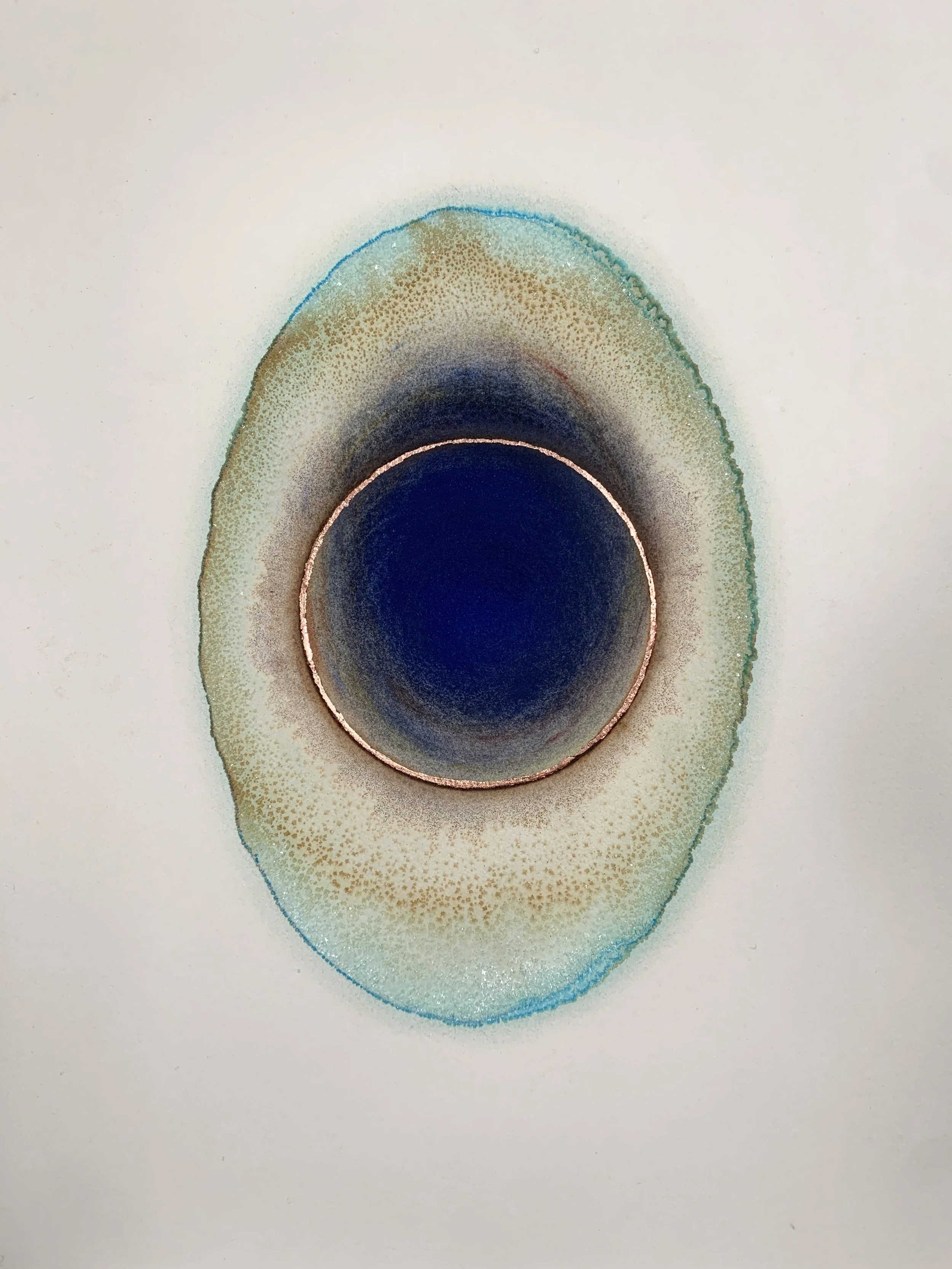   From Without, but Without , 2022  copper corrosion, rust, natural pigments, salt crystals and copper leaf on cotton paper  18 x 14.5 inches 