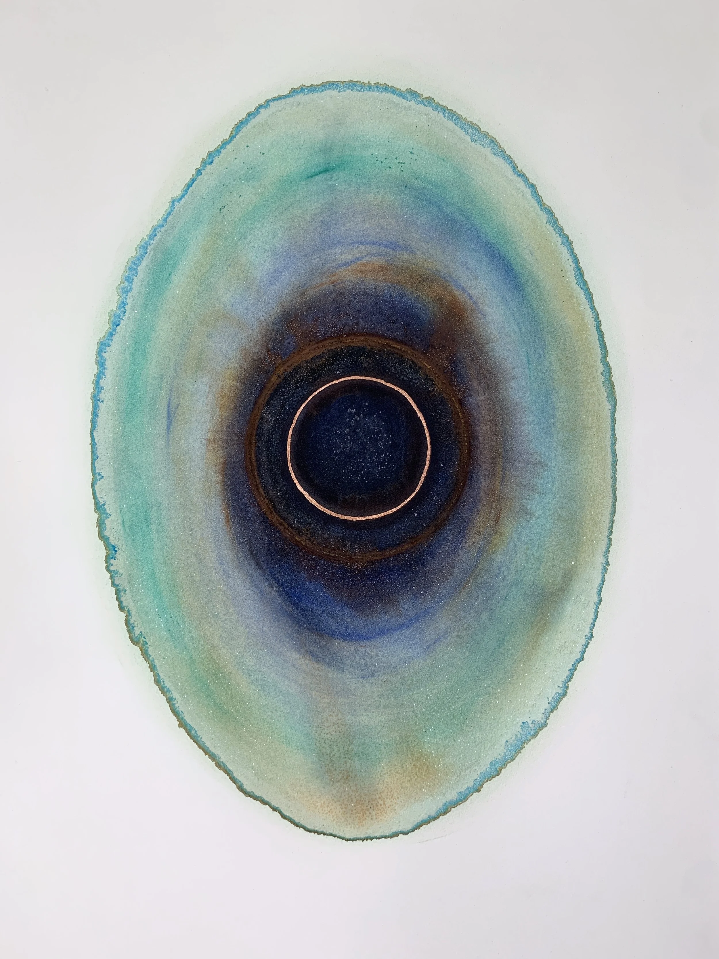   Tears in Rain , 2022  copper corrosion, rust, natural pigments, salt crystals and copper leaf on paper  34 x 25 inches 