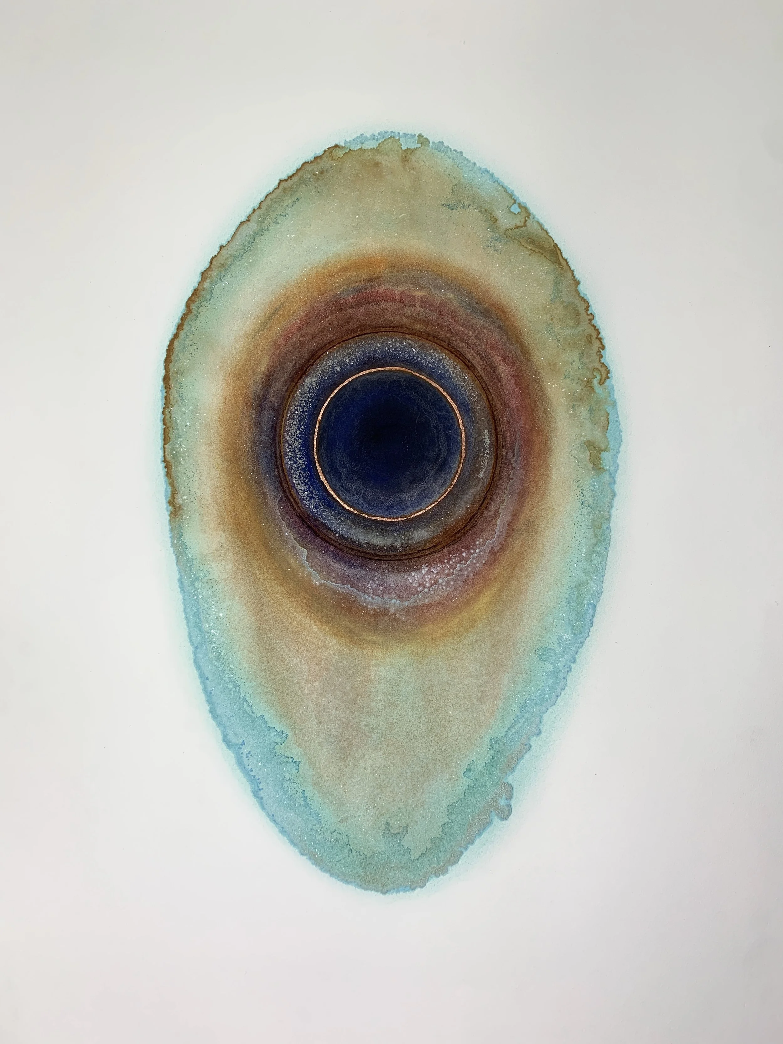   Vision , 2021  copper corrosion, rust, natural pigments, salt crystals and copper leaf on copper paper  34 x 25 inches 