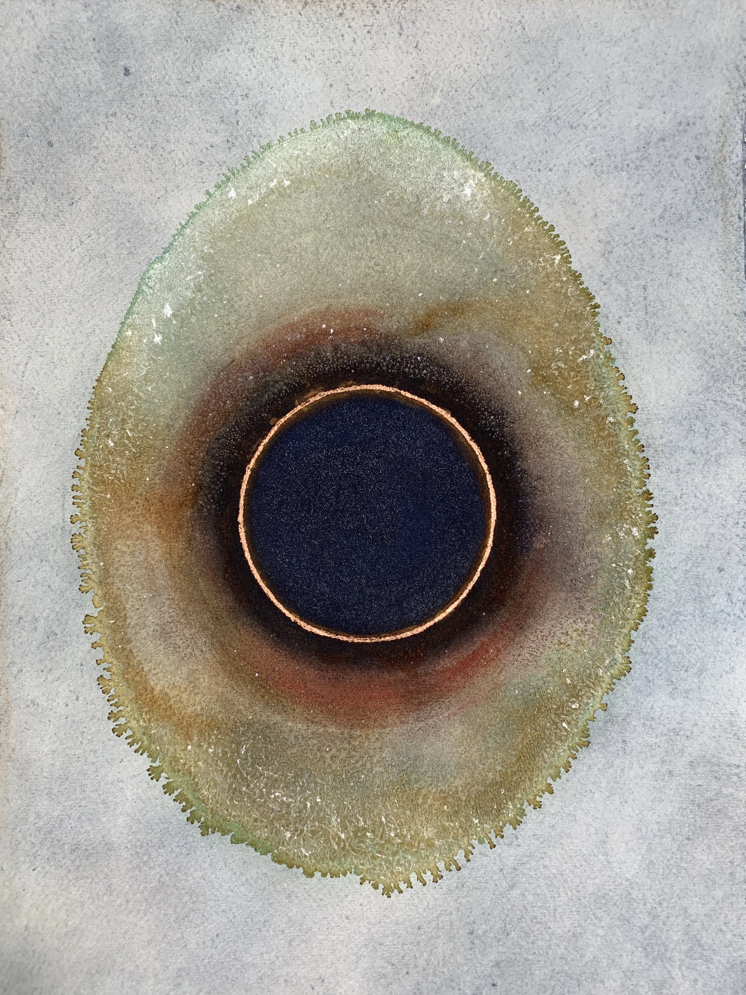   Cenote Synapse , 2022  copper corrosion, rust, natural pigment, salt crystals and copper leaf on cotton paper  17 x 11.5 inches 
