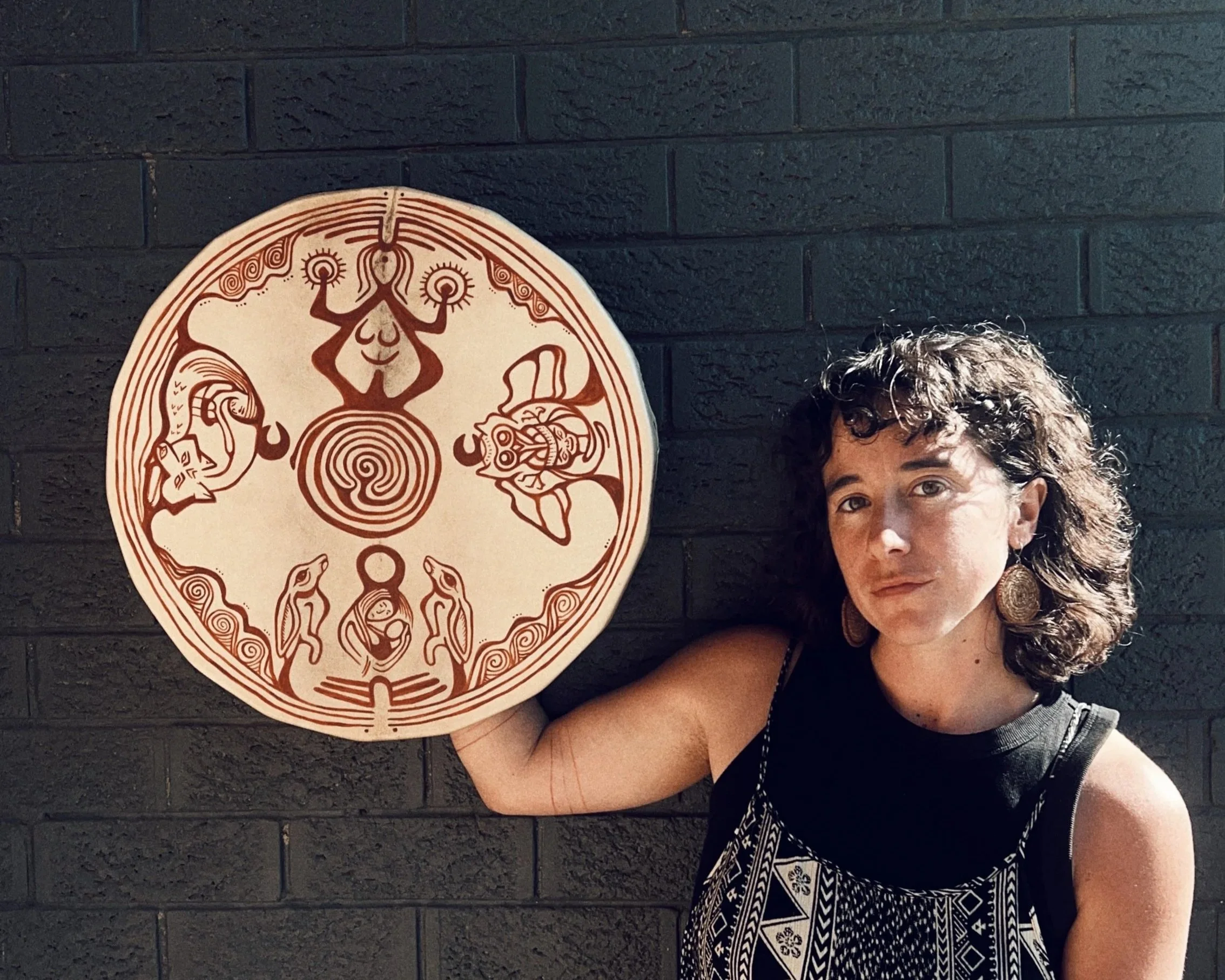 Way of Woman acrylic painting on drum skin created for a Hygieia Health fundraiser by artist Taylor Meagher