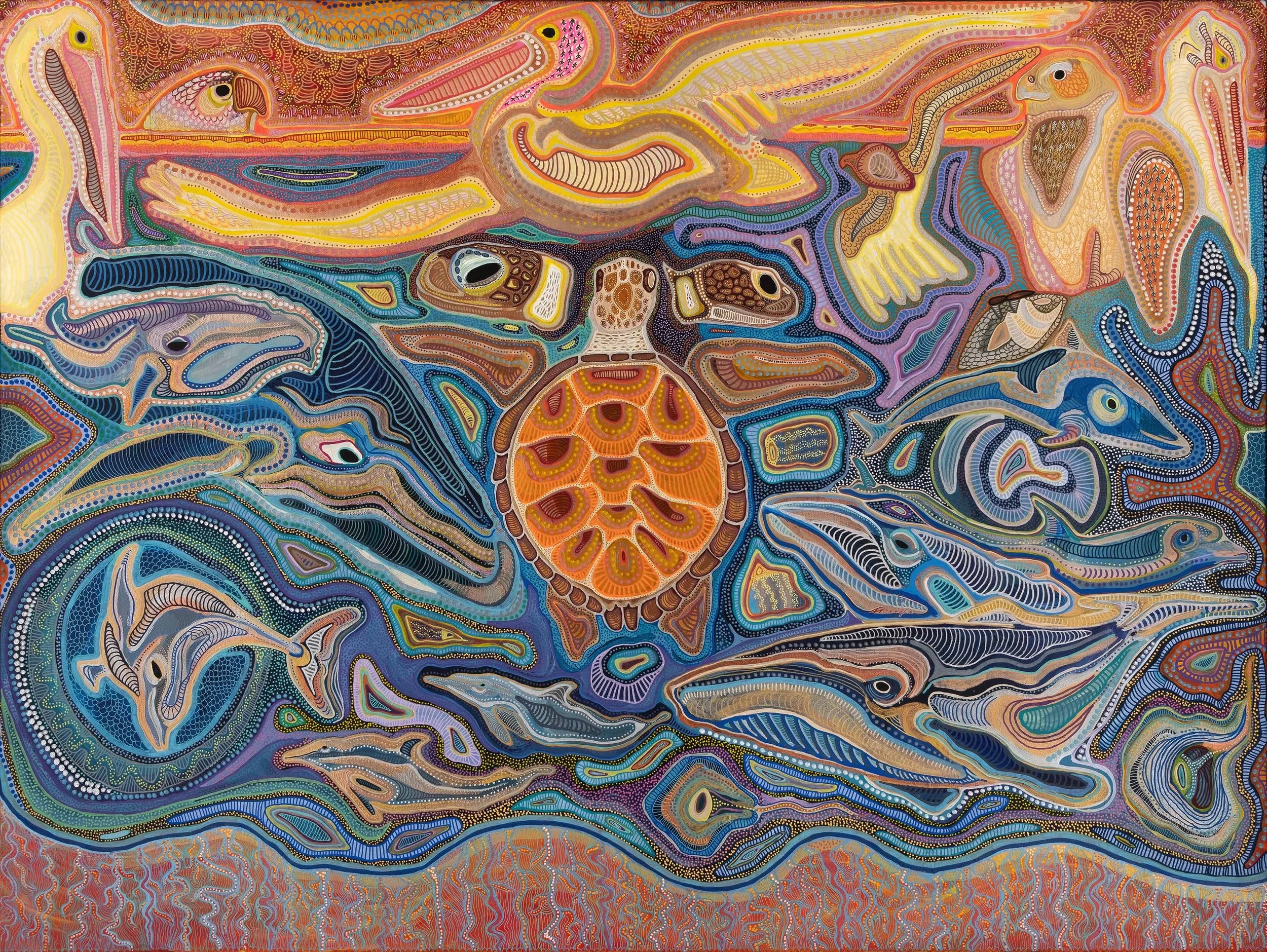 Sea Magick acrylic painting depicting ocean wildlife including sea turtles, dolphins, whales and seabirds by artist Taylor Meagher