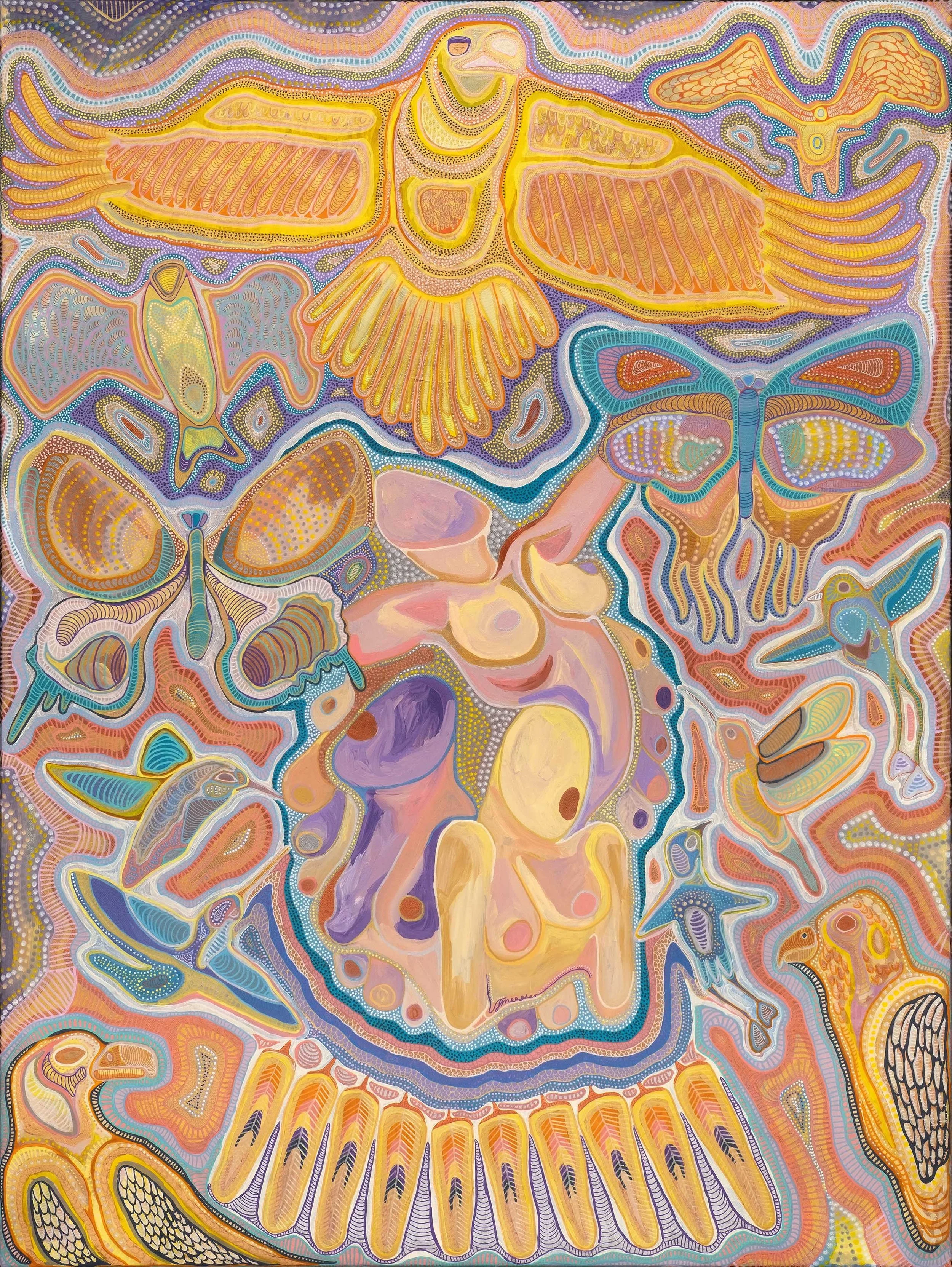 Goddess of the Wind, commissioned acrylic painting depicting the air elemental goddess with hummingbirds and eagle by Australian artist Taylor Meagher