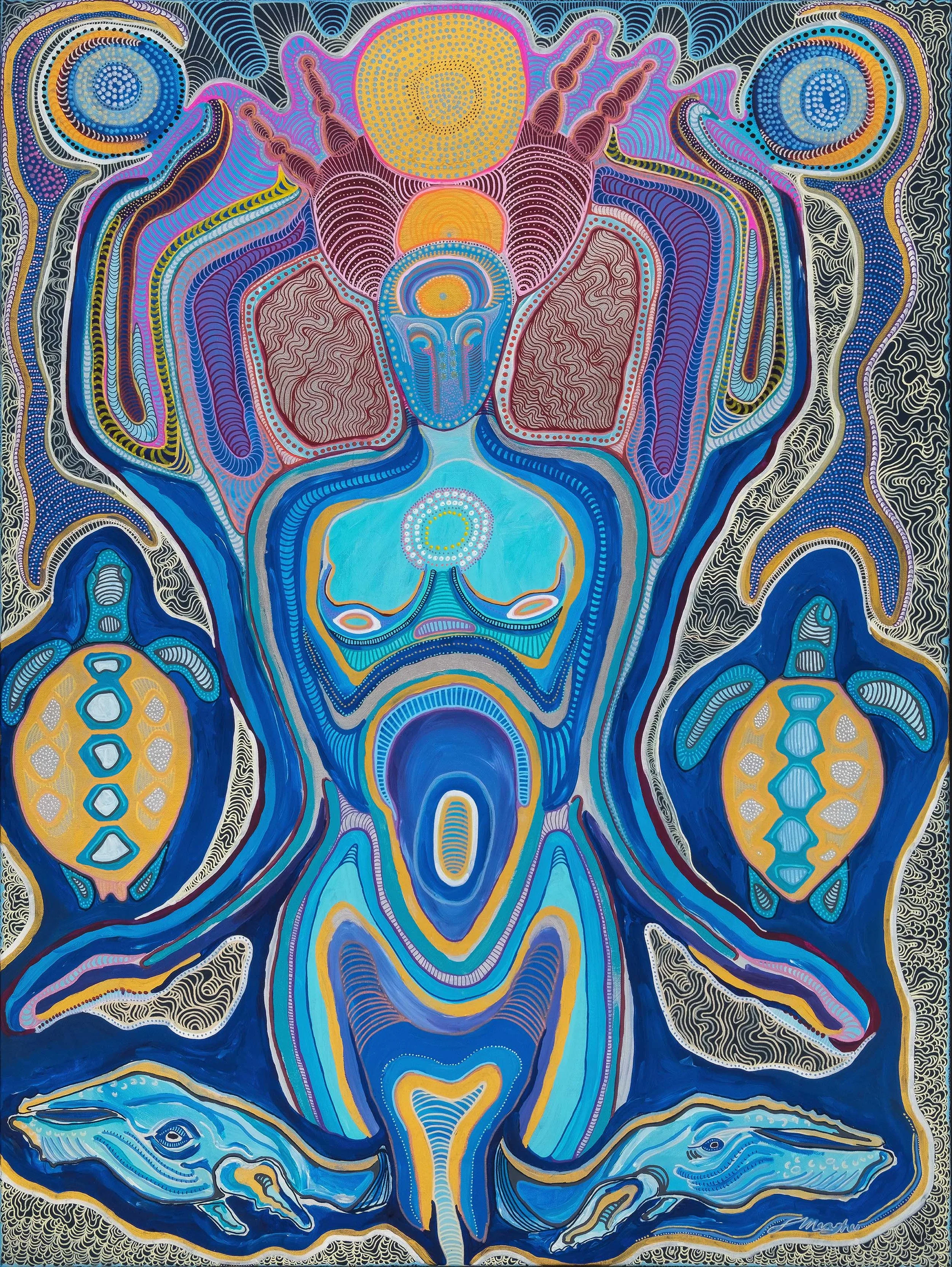 Galactic Water Goddess, commissioned acrylic painting depicting a water goddess with turtles and whales by Australian artist Taylor Meagher