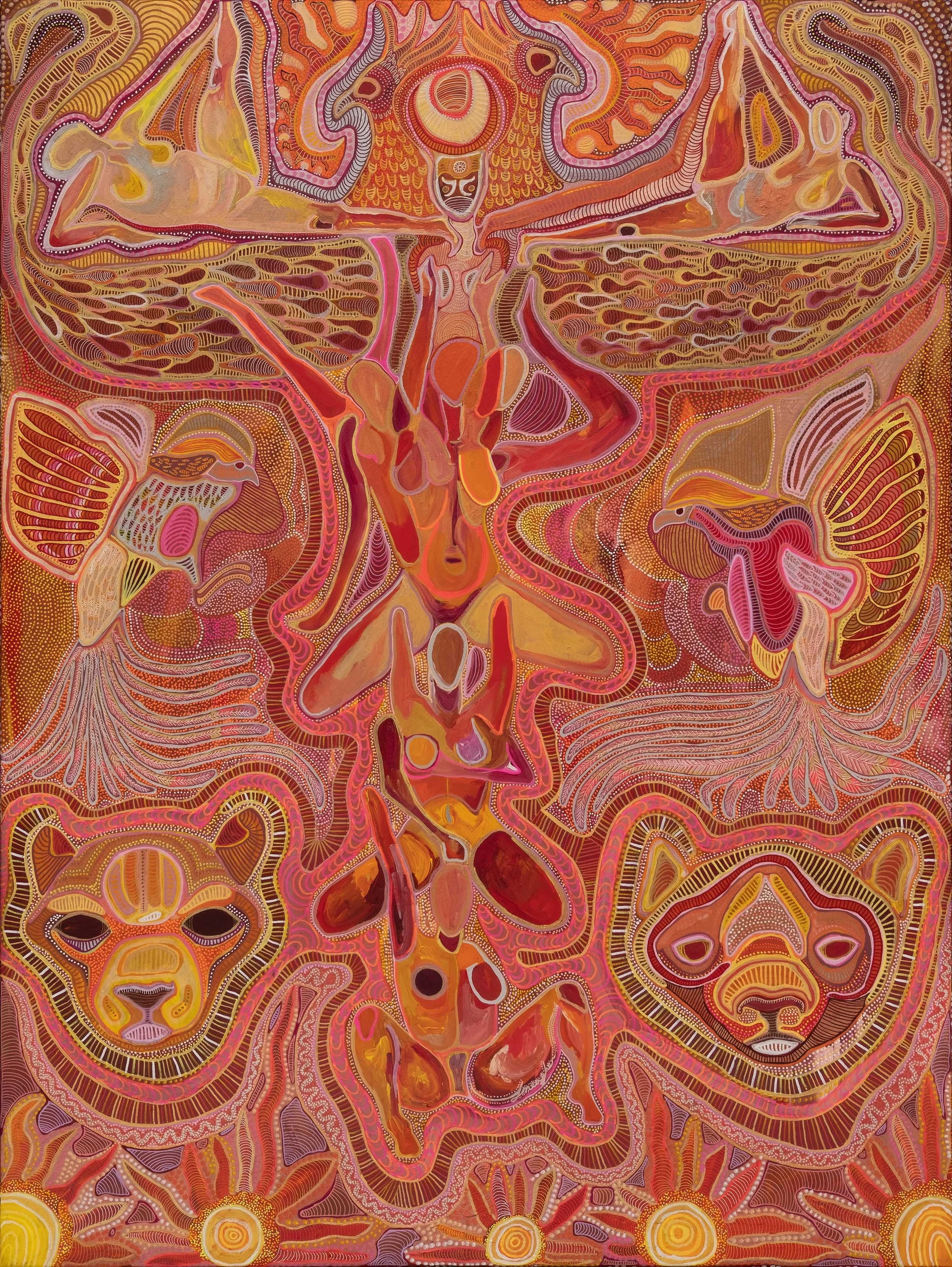 Fire Alchemist Goddess, commissioned acrylic painting of the fire elemental goddess with phoenix, lions and solar symbolism by artist Taylor Meagher