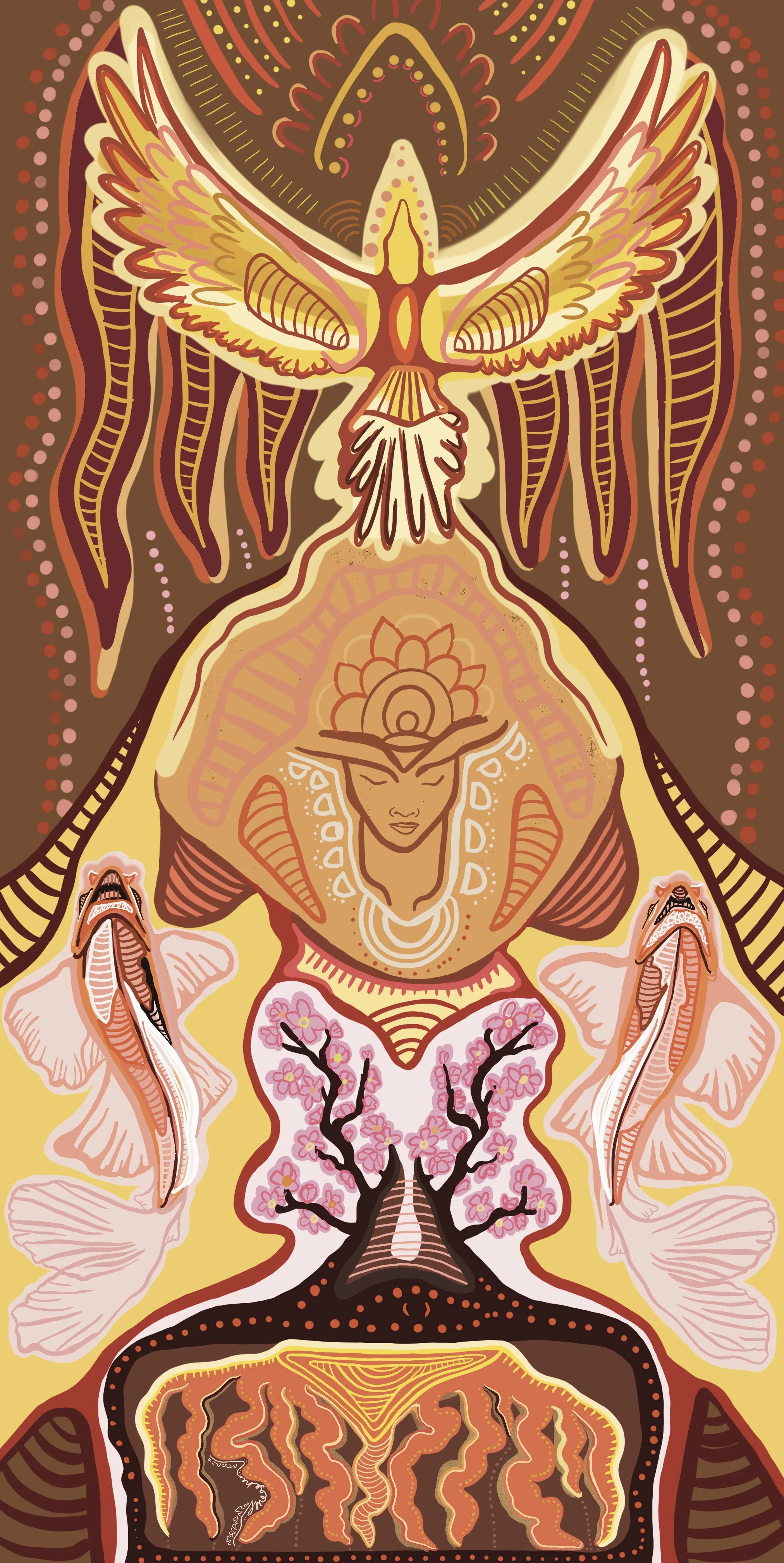 Rising Phoenix commissioned digital artwork featuring phoenix, cherry blossom tree and koi fish symbolism by artist Taylor Meagher