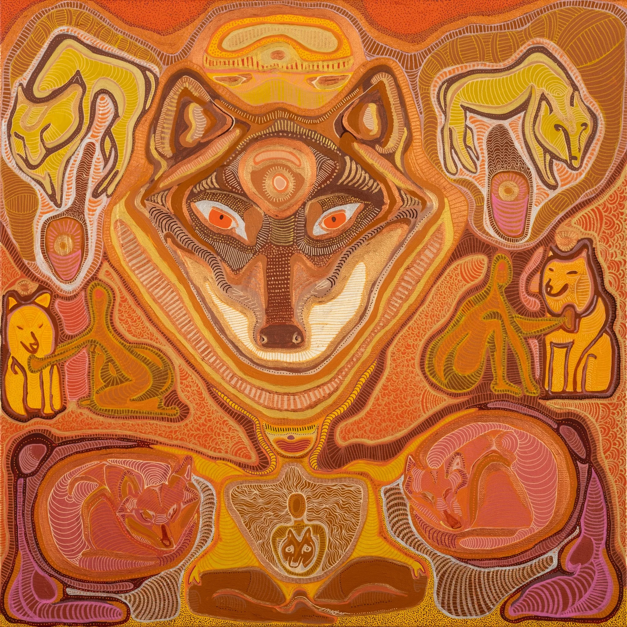 Wise Wolf Woman commissioned acrylic painting depicting connection to the grey wolf spirit by artist Taylor Meagher