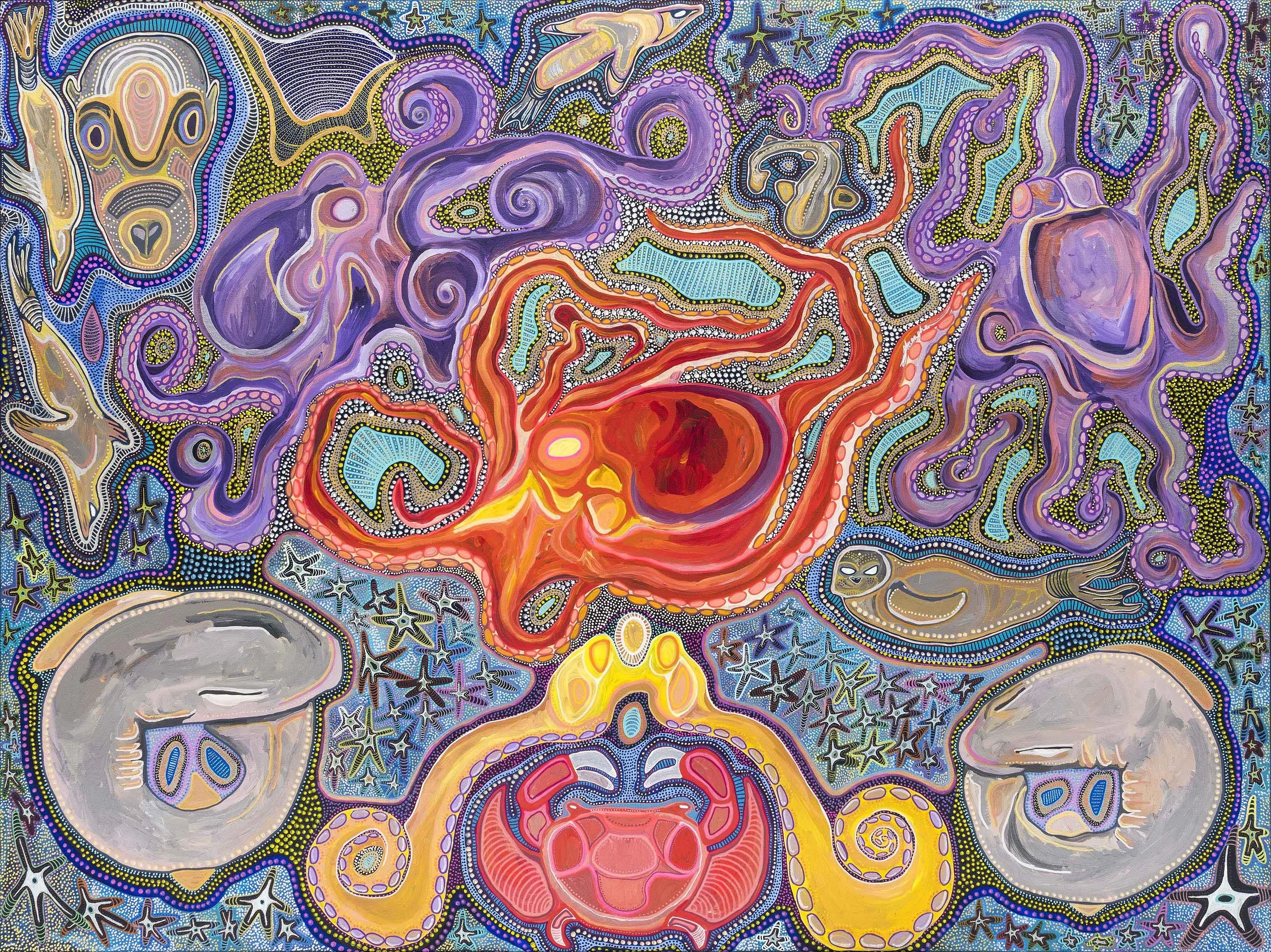 Waves of Awakening acrylic painting depicting ocean life including octopus, crabs, sharks, seals and starfish by artist Taylor Meagher