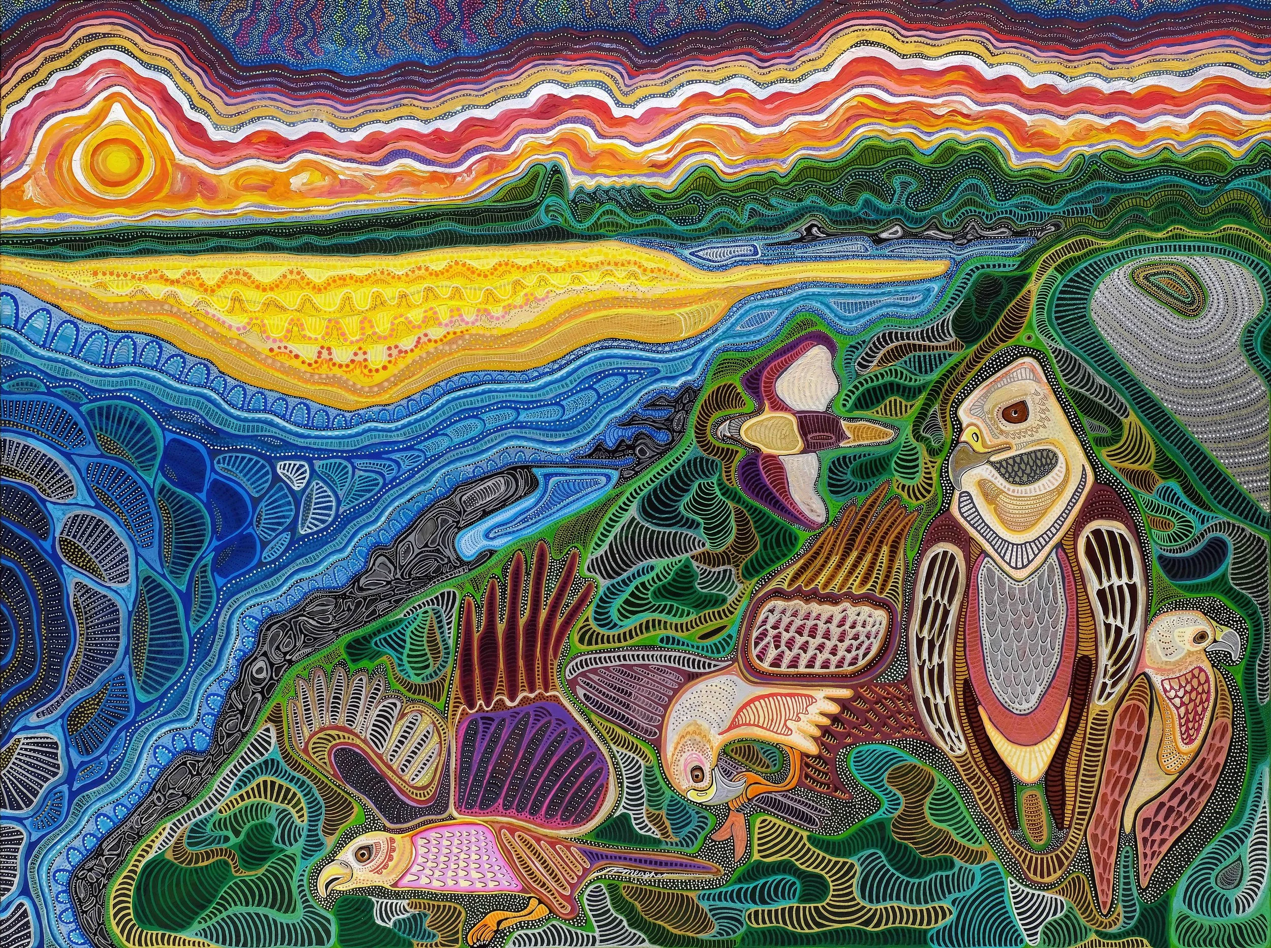 Spirit of Sawtell commissioned acrylic painting depicting the Sawtell NSW coastline with ocean, sunset and birdlife by artist Taylor Meagher