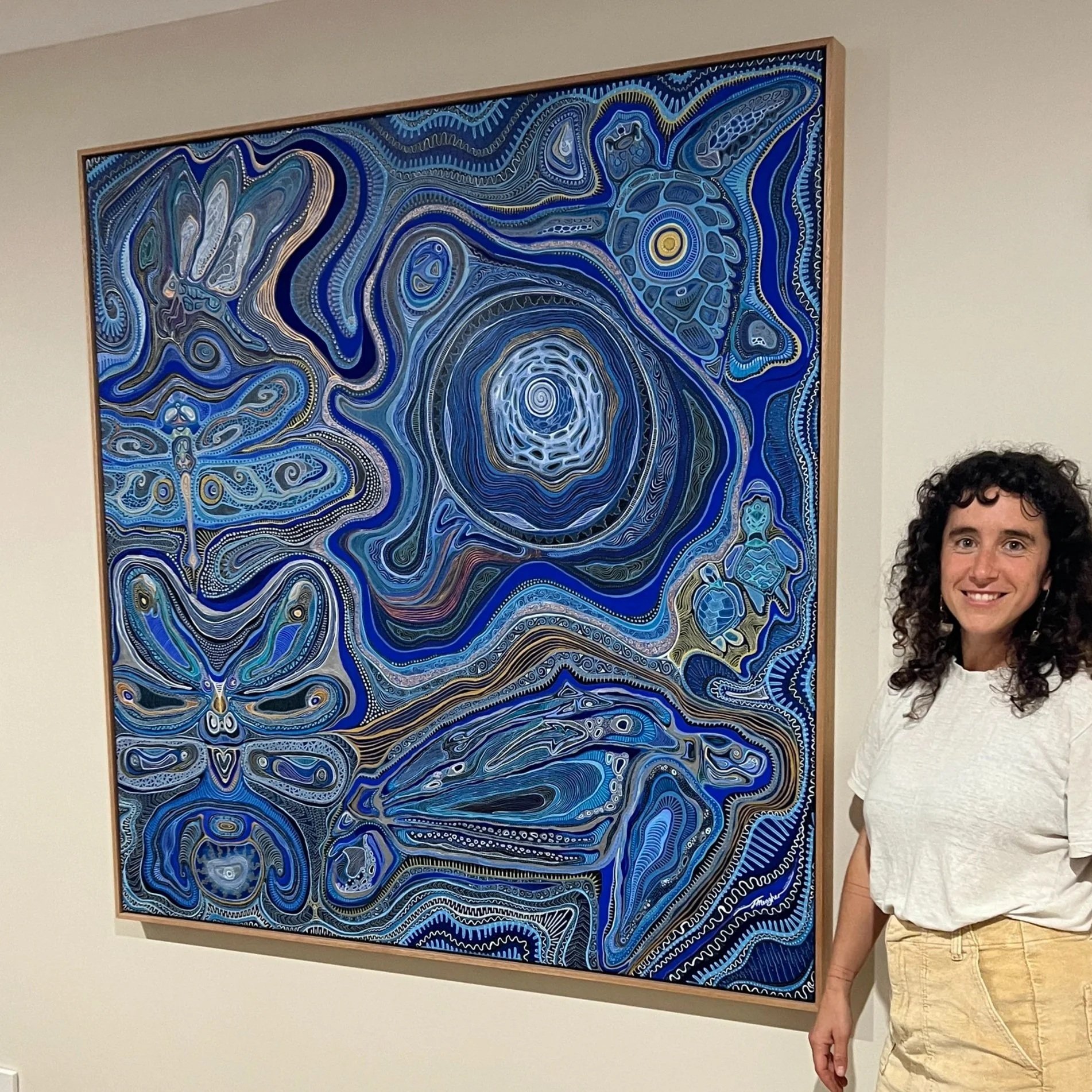 Star Water original large-scale acrylic painting by artist Taylor Meagher, photographed with the artist for size reference