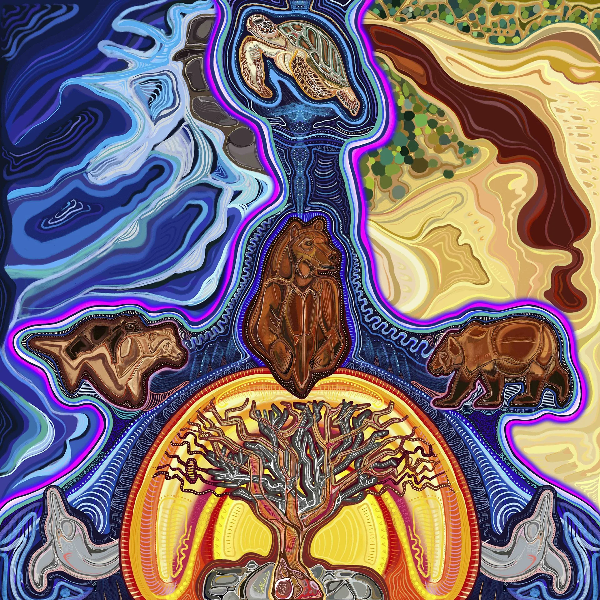 Tree of Dreams, commissioned digital artwork by Australian artist Taylor Meagher featuring symbolic animals and a central tree of life