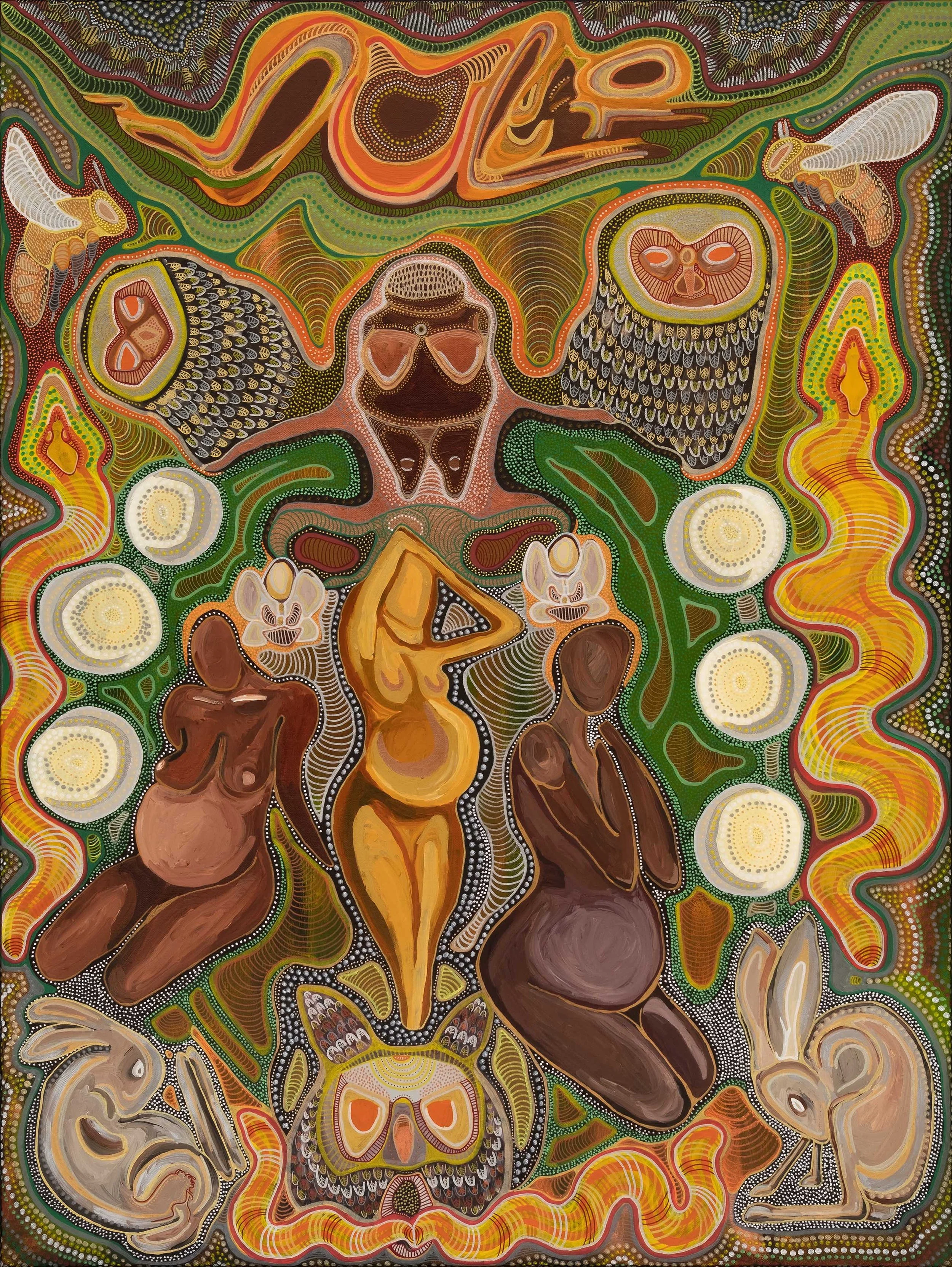 Triple Moon Earth Goddess, commissioned acrylic painting depicting the Earth Goddess with snakes, owls, bees and pregnant women by Australian artist Taylor Meagher