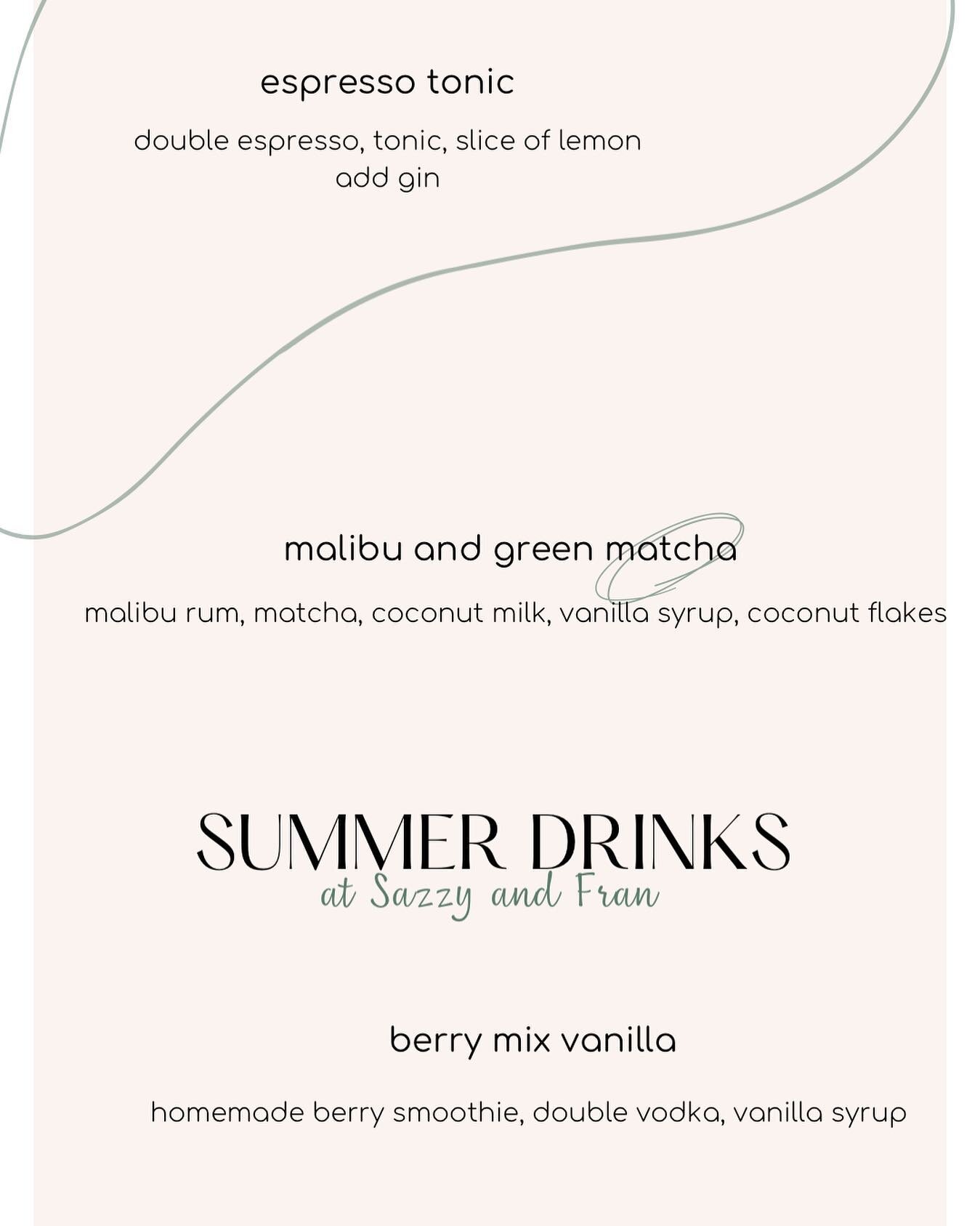 SUMMER DRINKS 
espresso tonic 🍋
malibu green matcha 🥥
berry mix vanilla 🍓

#summerdrinks #summer #drinks #cocktails #summervibes #foodie #food #drink #foodporn #drinkstagram #foodphotography #summertime #lemonade #yummy #mojito #mocktails #refresh