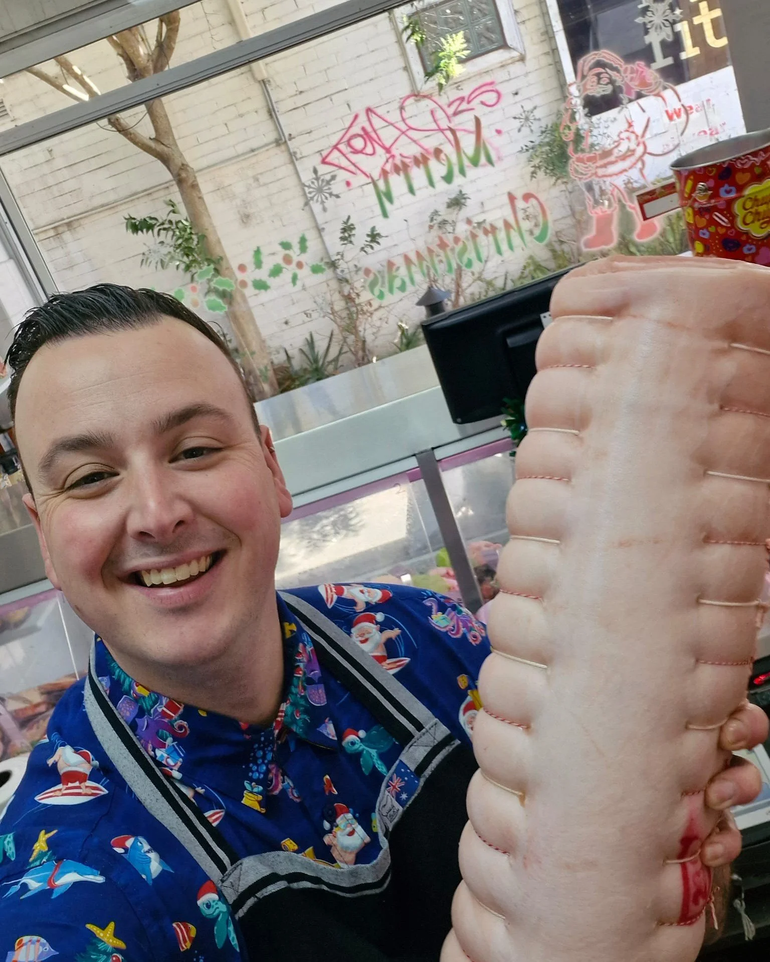 🎄 We honestly can&rsquo;t decide what&rsquo;s more eye catching... 👀
This perfectly rolled pork loin 🍖&hellip; or Chris in his festive Christmas shirt 🤔😆

There's 3 weeks left until Christmas and orders are filling fast! 🎅🏻 

‼️Don't forget th