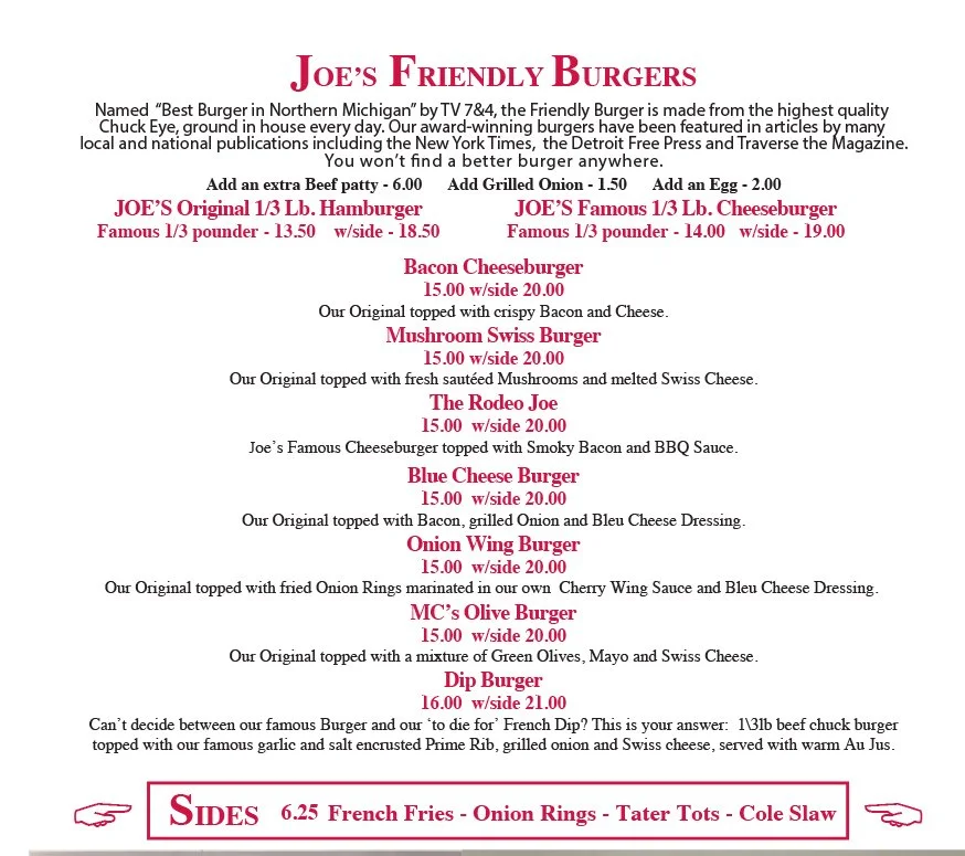 Menu — Joe's Friendly Tavern