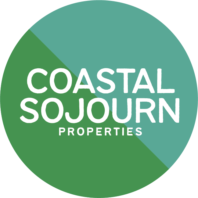 Logo for Coastal Sojourn Properties with green and teal diagonal background and white text.