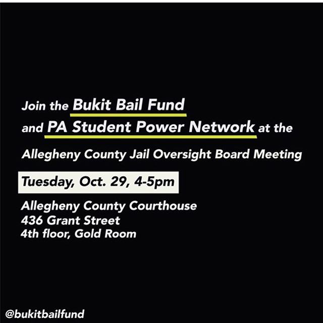 PITTSBURGH: JOIN US TODAY AT 4!!
The Allegheny County Jail Oversight Board meeting for November has been moved to TODAY, Tuesday Oct 29th at 4pm at the Allegheny County Courthouse (4th floor, Gold Room). Repost in Collab with @bukitbailfund: &ldquo;C