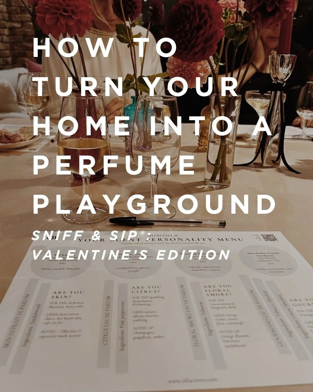 Valentine&rsquo;s, Galentine&rsquo;s or just a beautiful sensory evening.
Highly recommend for friends and people you want to bring together.
No rules. Just scent, wine and deep connection.
This is Sniff &amp; Sip&reg;🖤