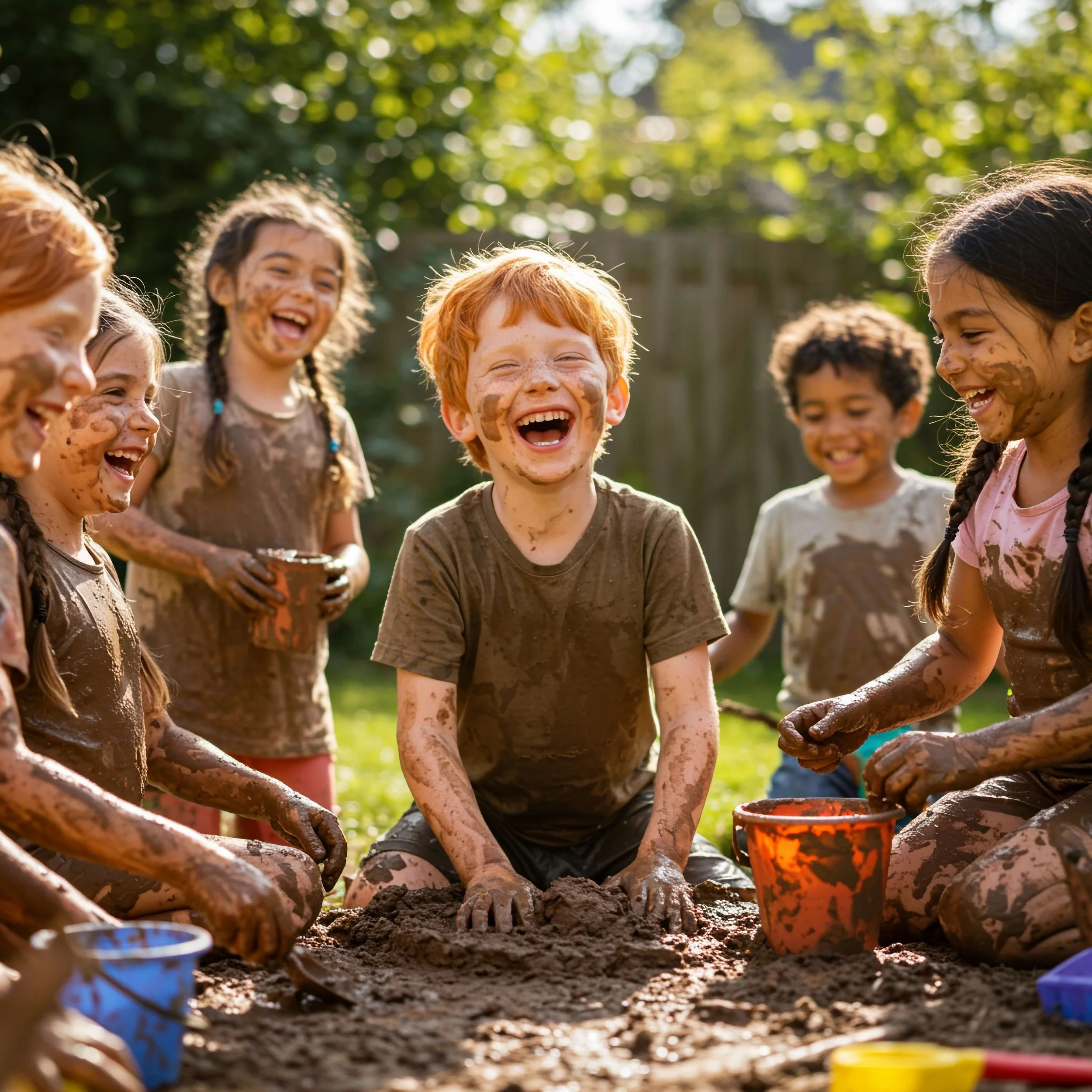 Children playing in mud outdoors at a preschool in New Fairfield Connecticut, engaging in sensory messy play that builds creativity, motor skills, and confidence