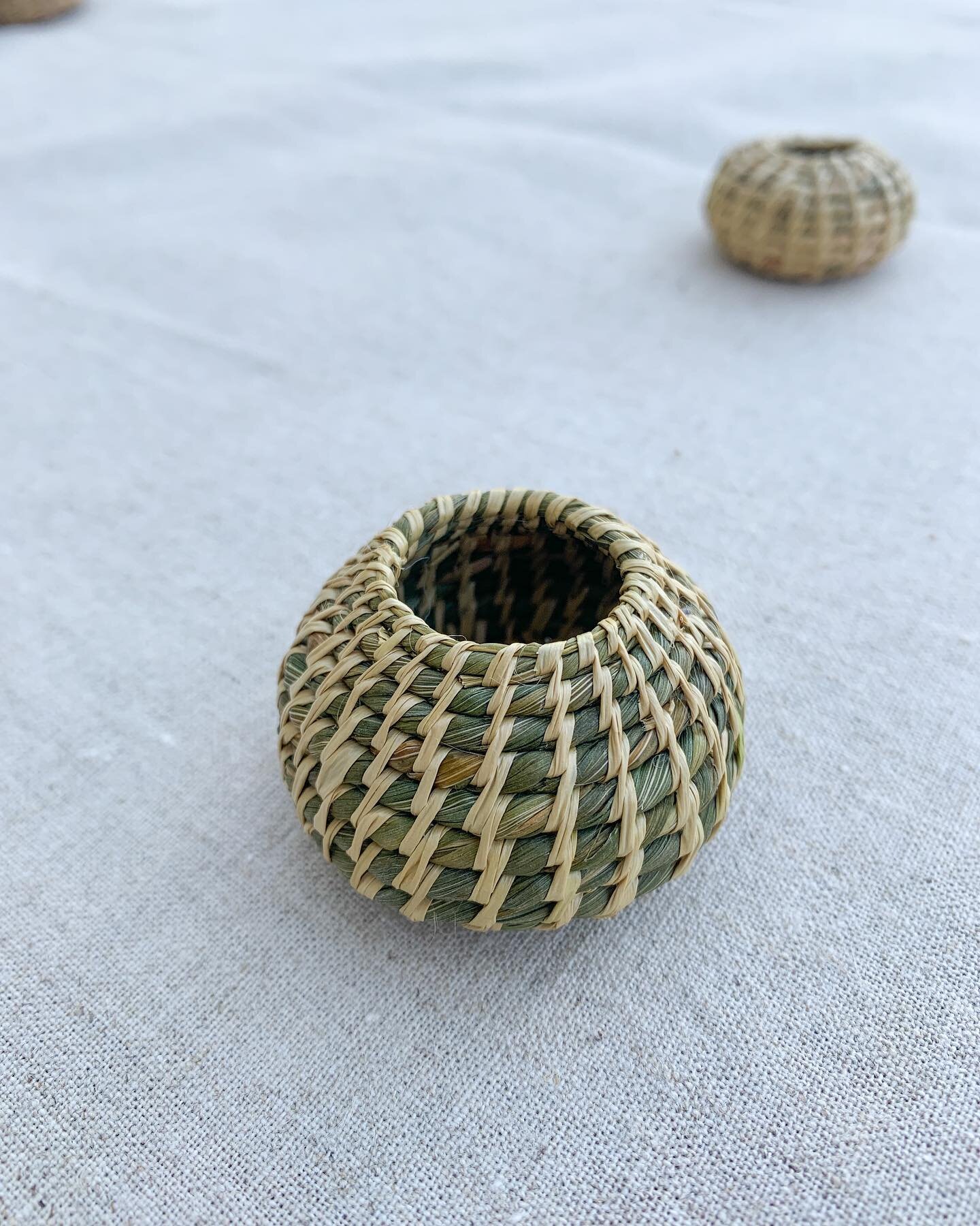 Found some photos of a collection of mini coiled baskets I made in 2021. The core of these baskets are made from Blue Flag Iris (England) and the coiled weavers are made from Chunga Palm (Panam&aacute;). These mini baskets are the emergent creations 