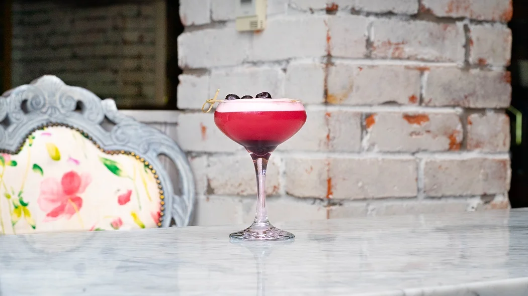 CHERRY BLOSSOM : Roku Gin, Cherry Liqueur, Cranberry Juice, Egg White, Lemon Juice and Grenadine