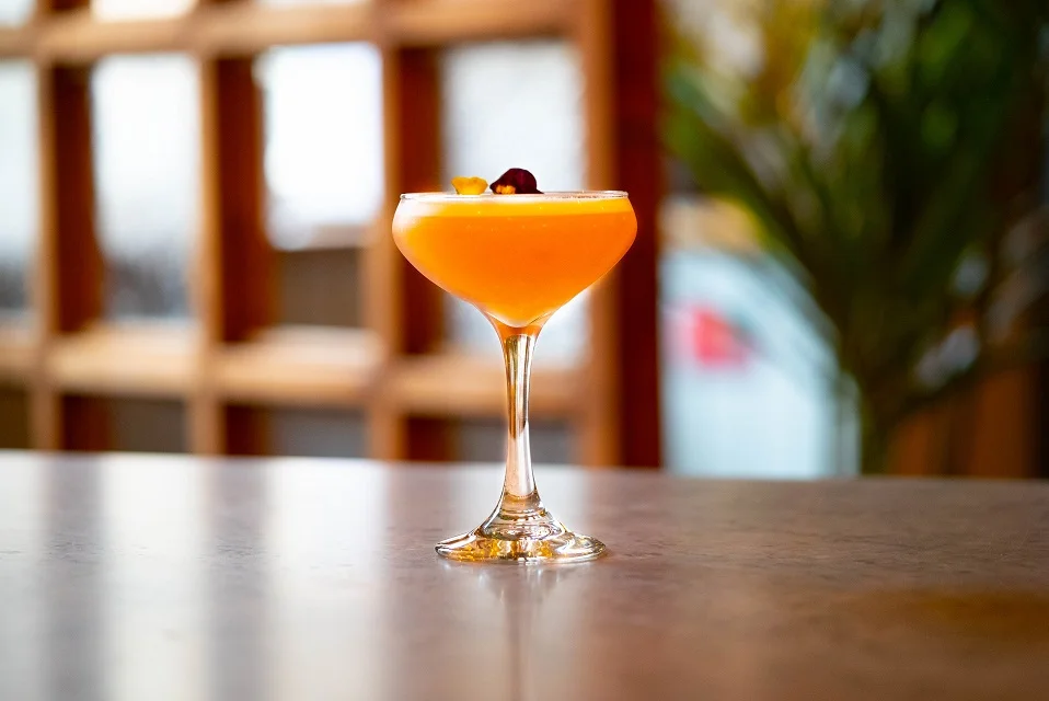 THE BLACK FOREST : Monkey 47 Gin, Chambord, Rosemary Syrup, Raspberry Purée, Blood Orange Juice, Lemon Bitters, Lemon Juice and Egg White