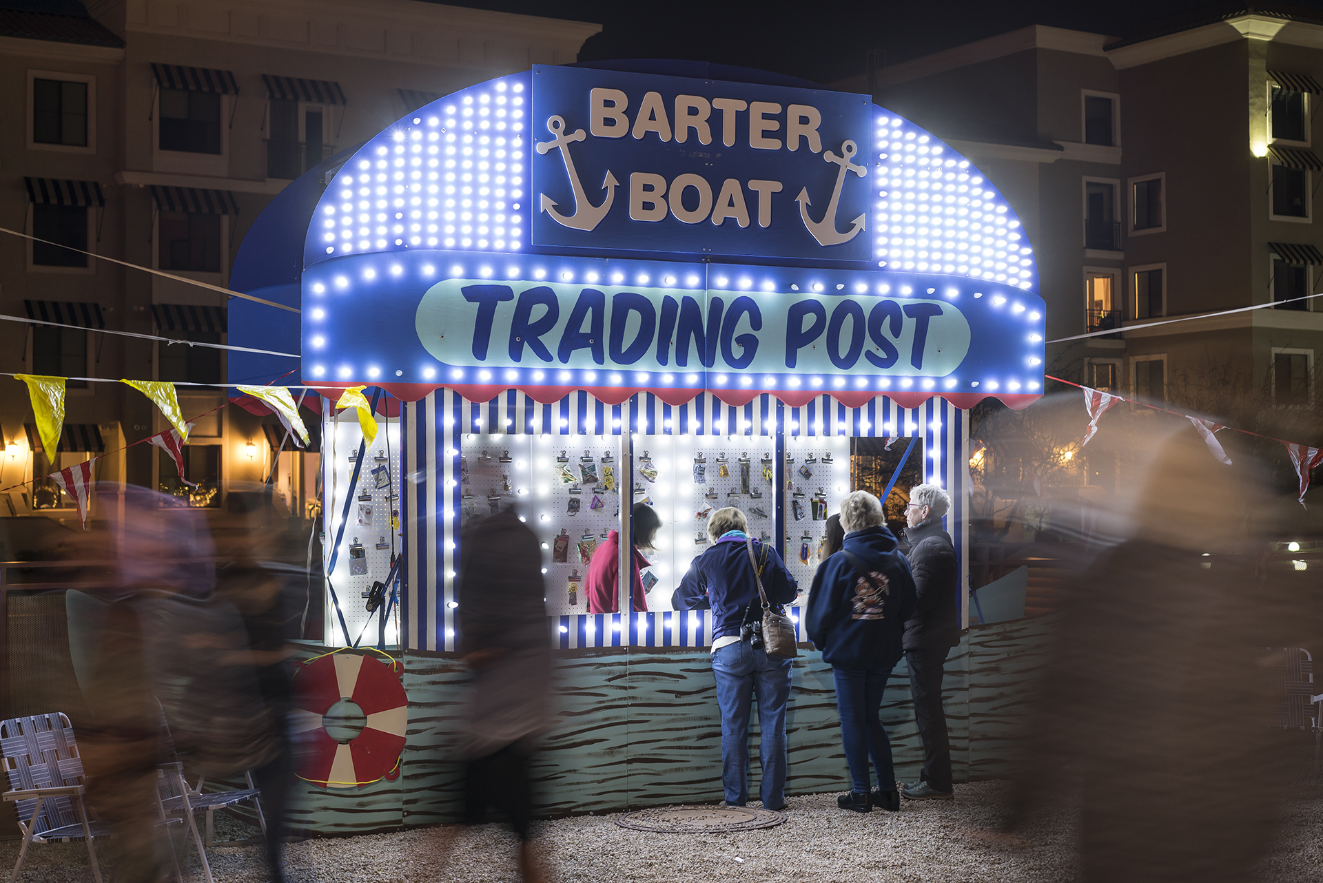 Barter Boat is a carnival-inspired pop-up trading post captained by a trio of sailswomen who travel from city to city trading with the citizenry. Focused on moments of generosity, Barter Boat engages audiences through the act of barter, oral storytelling, and visual art. We ask with every interaction: after money, what makes something Valuable? Barter Boat is a project by RADAR Art Collective (myself, Anna Abhau Elliott and Desiree Moore). It has been to Minneapolis (Northern Spark Festival), Indianapolis (IN Light IN), Baltimore (ArtScape), Atlanta (Art on the Beltline), Scottsdale (Canal Convergence), Breckenridge (BreckCreate) and Grand Rapids, MI (ArtPrize). Barter Boat is the recipient of an ArtPrize Seed Grant and was named one of five projects on the Juror’s Shortlist at ArtPrize 2018.