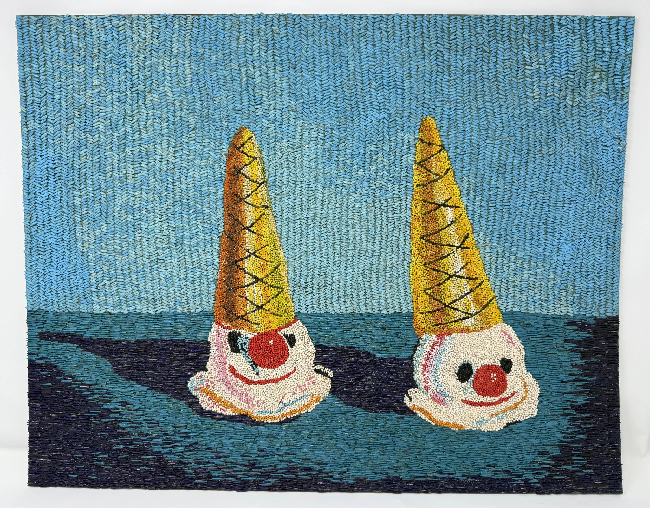 Clown Cones: Homage to Wayne Thiebaud, made for the 2025 Crop Art Exhibition at the Minnesota State Fair. It placed 6th in the Class 3 — Artistic, dyed or painted, amateur, out of 61 entries.