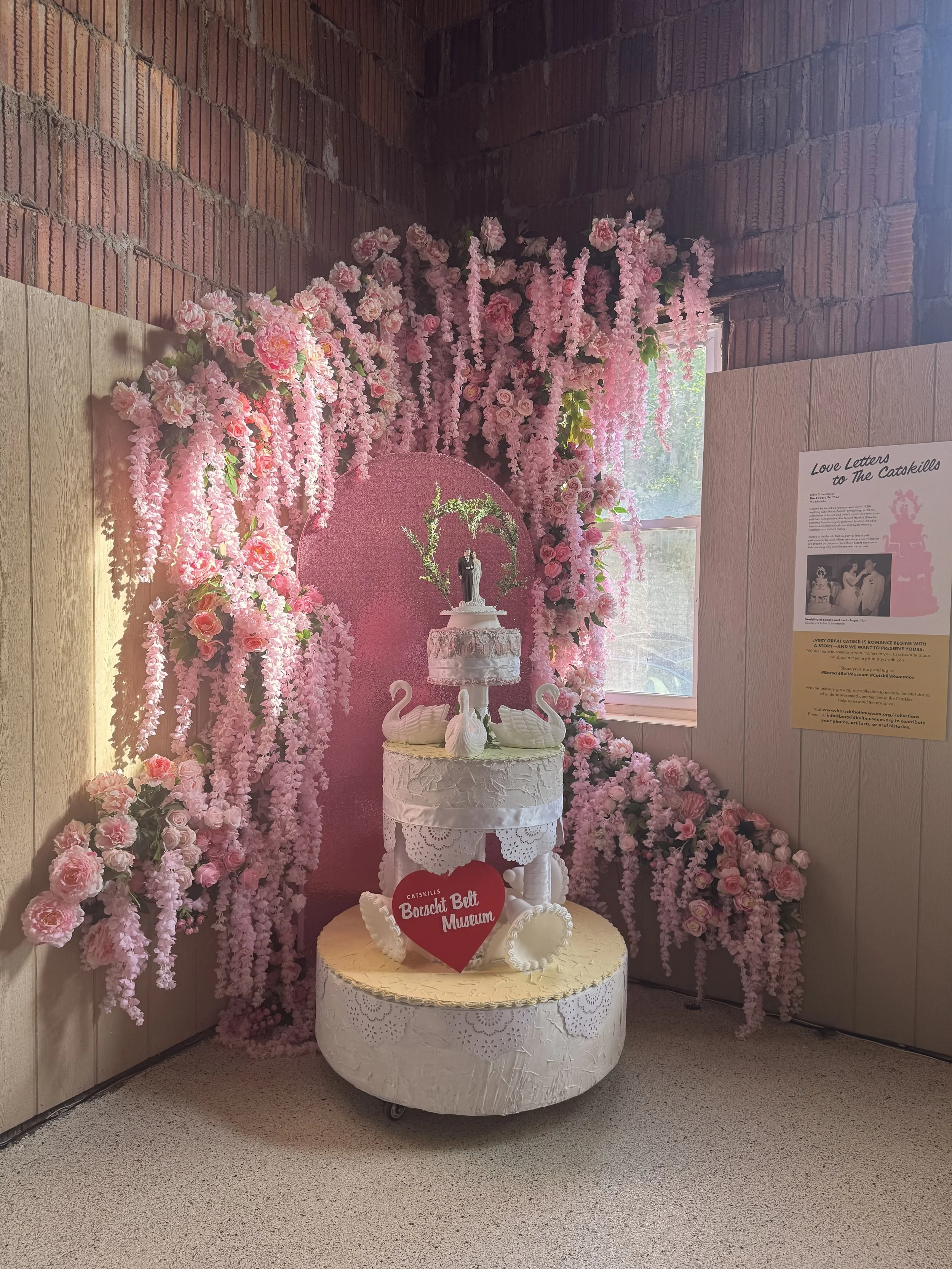  Inspired by my grandparents’ early 1950s wedding cake, this sculptural reimagining recalls the celebration of Lenore and Irwin’s nuptials in New Haven and their honeymoon at the Nevele Hotel in Ellenville, NY. Removed from its original scale and fun