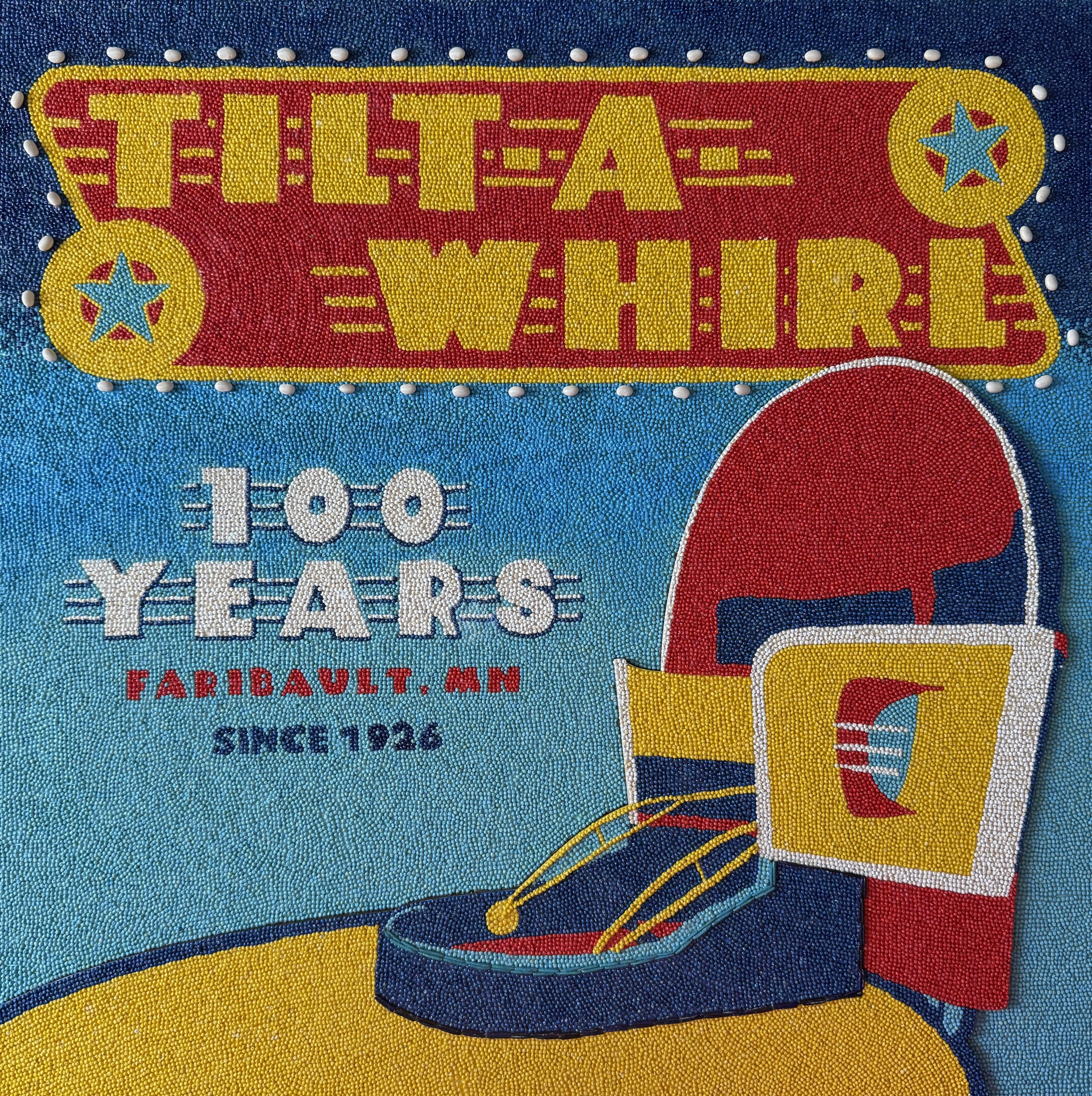  100 Years of Tilt-a-Whirl made for the 2026 Crop Art Exhibit at the Minnesota State Fair. Class 11 — Special Occasion, amateur.  