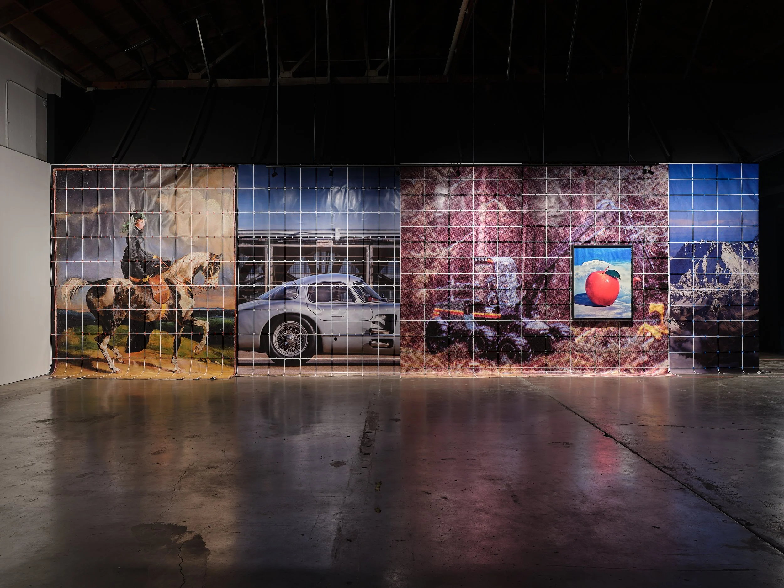   Sara Cywnar,  Wallpaper - Horsewoman, Benz, Forestry, Everest  (2024-2026)  and   Apple on Sky I  (2024) . Courtesy of the artist; The Approach, London; Cooper Cole, Toronto; and 52 Walker, New York. Installation view,  Character Development , at M