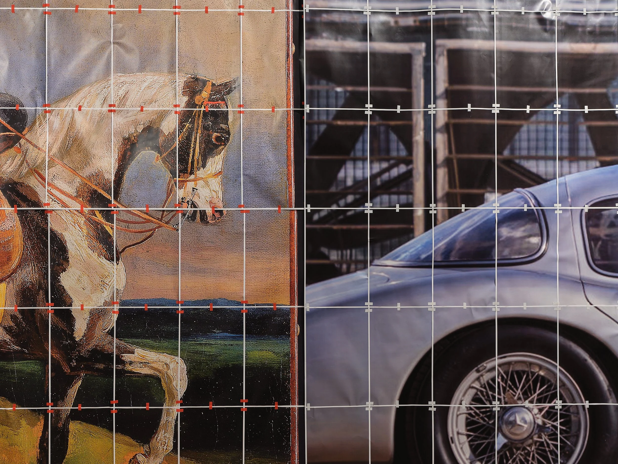   Sara Cywnar,  Wallpaper - Horsewoman, Benz, Forestry, Everest  (2024-2026)  Courtesy of the artist; The Approach, London; Cooper Cole, Toronto; and 52 Walker, New York. Installation view,  Character Development , at Minnesota Street Project Foundat