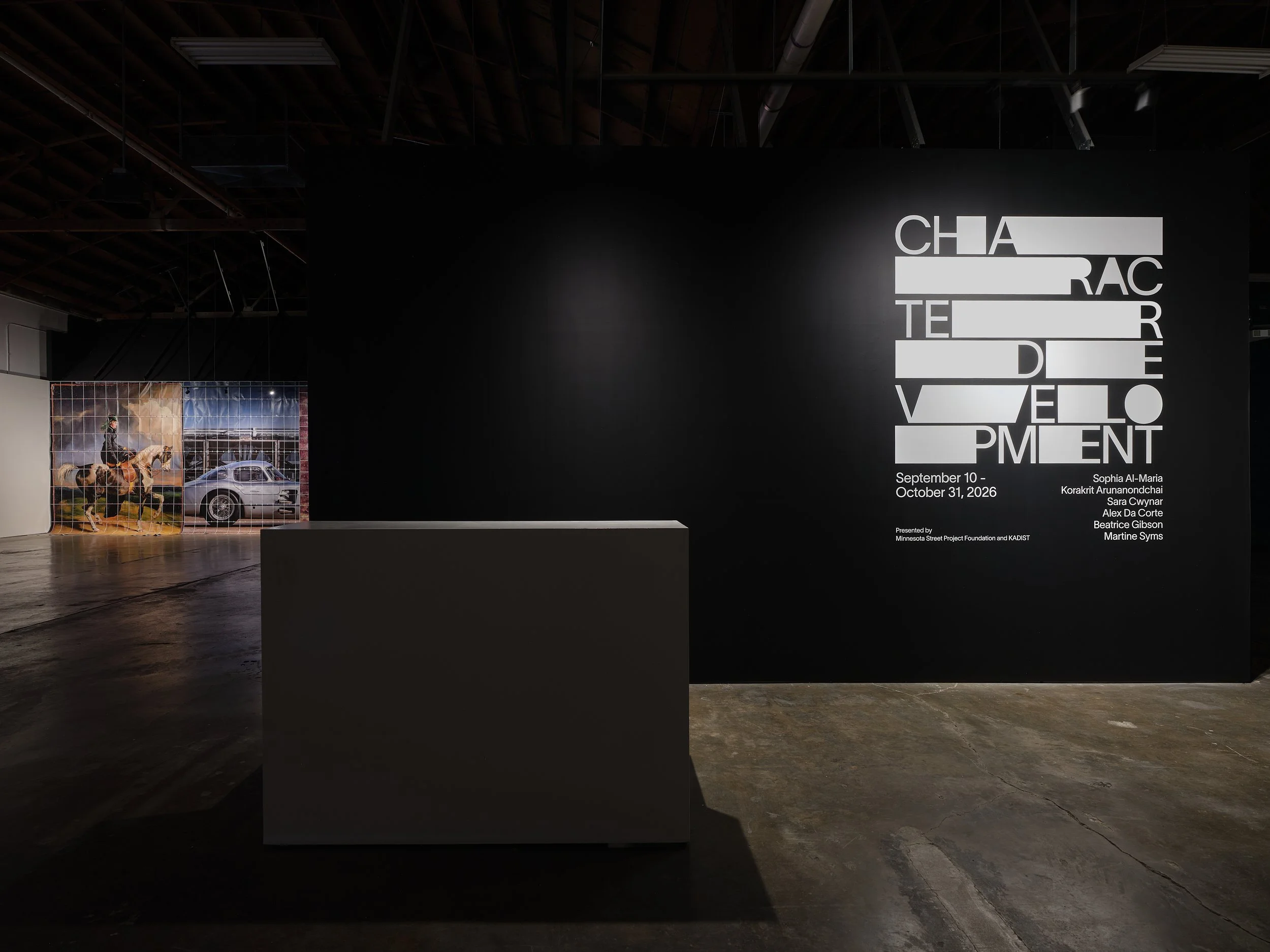  Installation view,  Character Development , at Minnesota Street Project Foundation, September 10 - October 31, 2026, co-presented with KADIST. Photo by Grunder. 