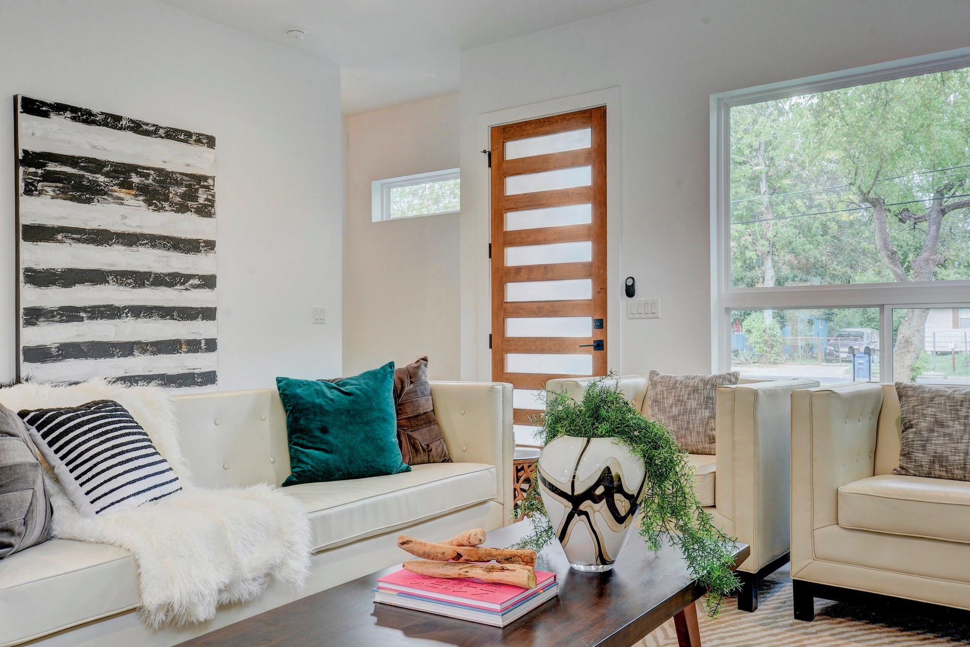 Living room and front entry door