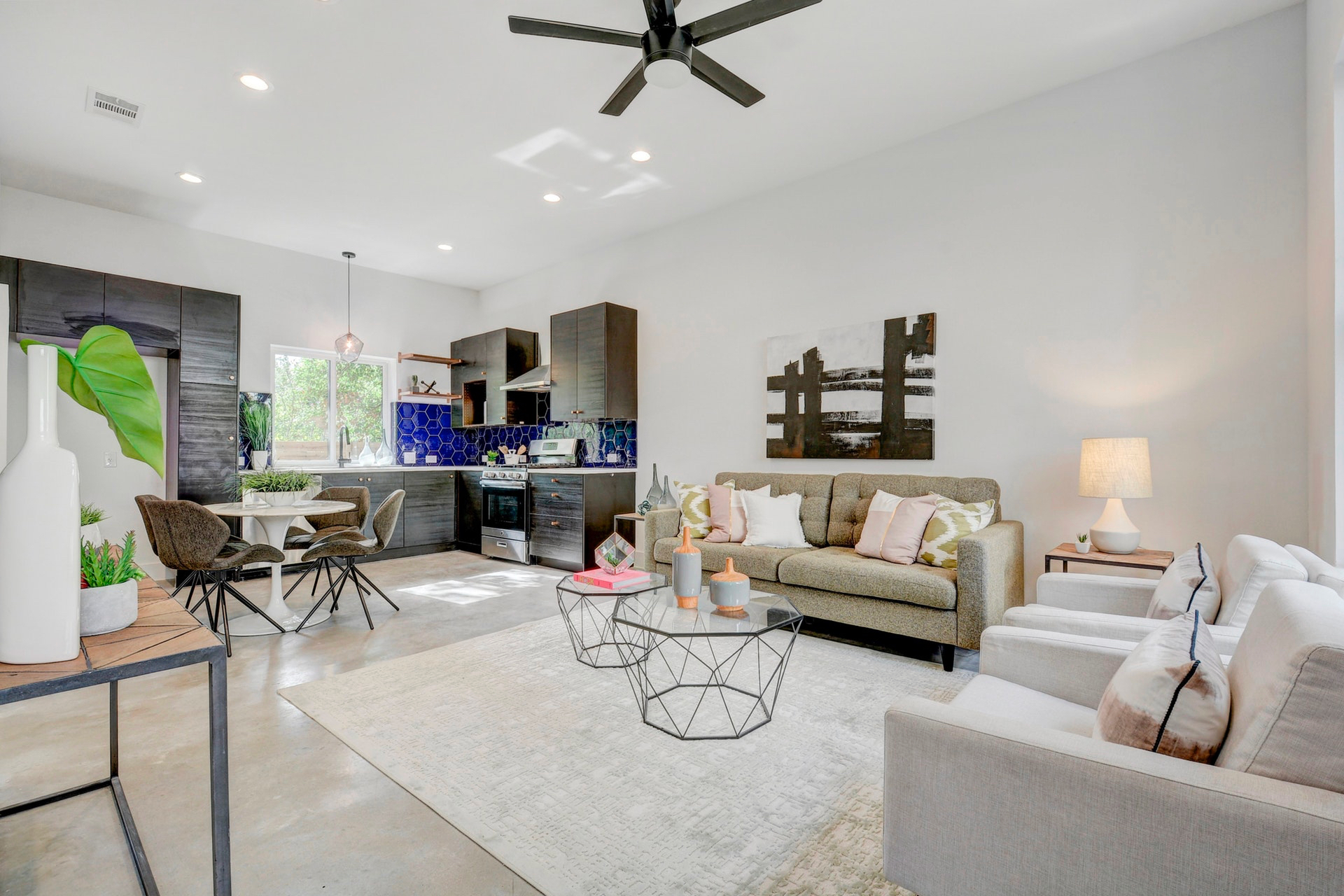 Beautiful open concept living room, dining area, and kitchen