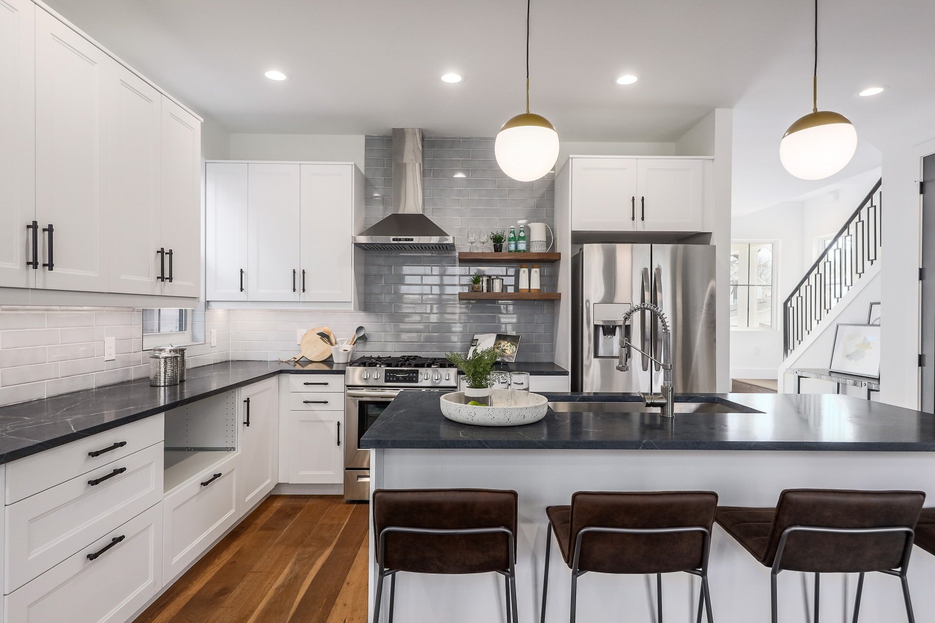 Kitchen with striking dark countertops