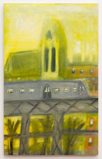 F train over Brooklyn, 2021, oil on board, 48 x 30 inches