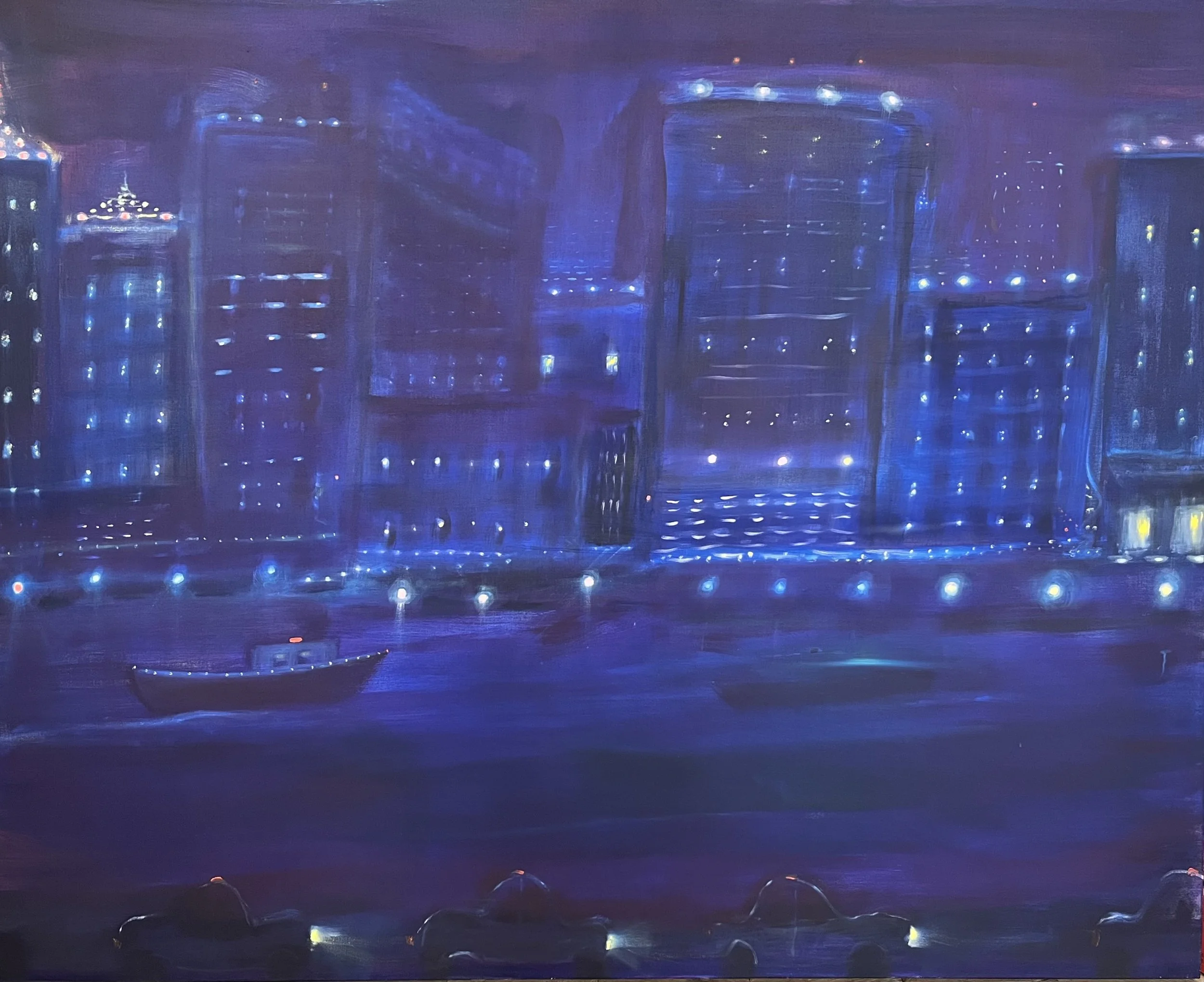   Boat on the Hudson , 2025, oil on linen, 48 × 60 inches 