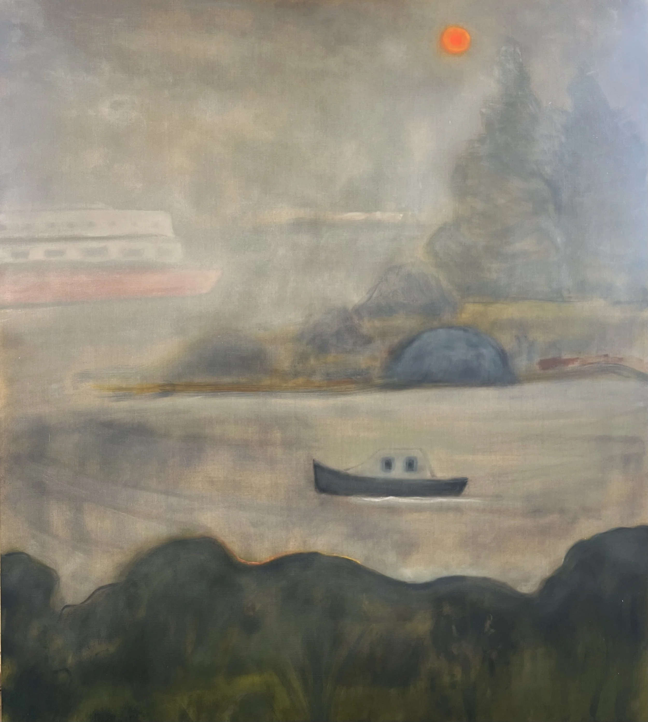   Ferry in Fog , 2025, oil on linen, 70 × 63 inches 